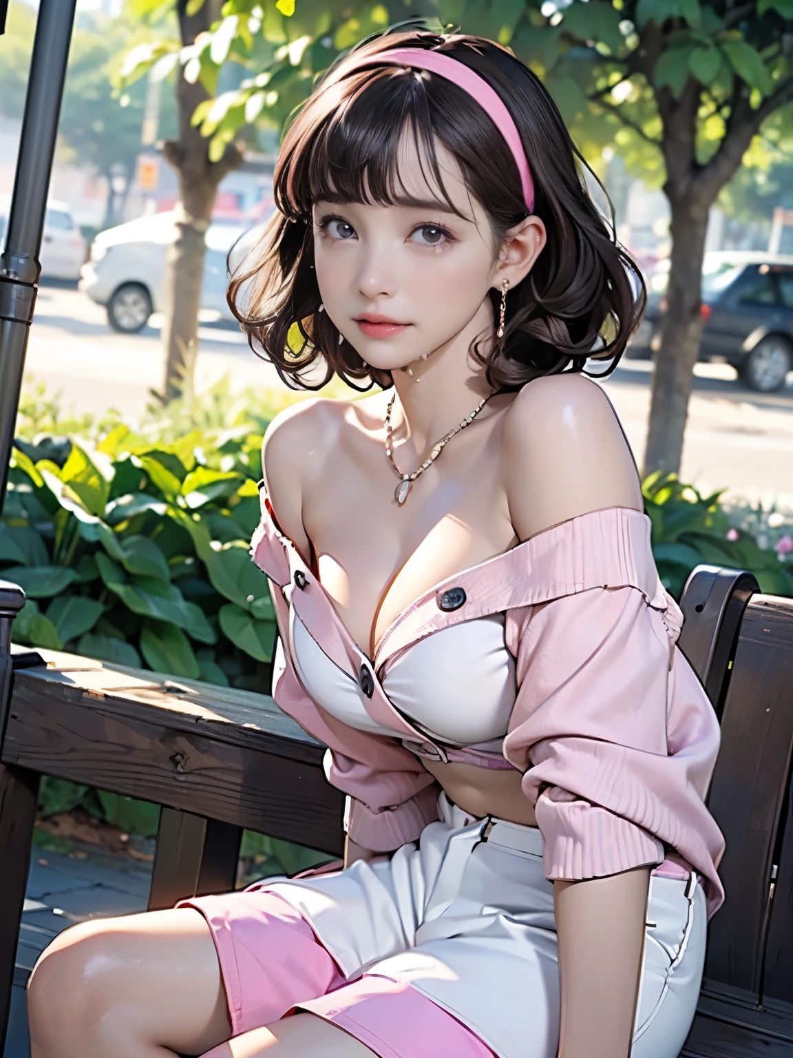 ((((highest quality))))、(((Ultra-precision CG16K wallpaper)))、(((masterpiece)))、(((Super detailed)))、(((Extreme detail)))、((1Mature 29 year old woman:1.6))、((Very beautiful Japanese faces))、((Yua Mikami:1.5))、((Soft wavy short bob hair、blunt bangs:1.5))、(Shiny brown hair)、Beautiful brown eyes、Clearly defined pupils、eyeliner、eye shadow、High nose、Small nostrils、Small Mouth、Seductive lips、Beautiful breasts、((C cup size breasts))、Cleavage、Voluptuous body、eight-headed body、Perfect proportions、Perfect Anatomy、Perfect composition、Beautiful detailed shading、Beautiful, natural lighting、Beautiful detail glow、Depth of written boundary、(((High chroma)))、(((Real:1.9)))、((vivid:1.5))、((Beautiful Skin))、((Skin Texture))、((Realな皮膚感))、(((Cowboy Shot:1.6)))、((Front view、shoot from front、Front low angle:1.6))、(((Crying face:1.7)))、((The woman is looking at this、looking at viewer、Facing forward:1.6))、Bright daylight、Natural light、(((garden、Trees:1.4)))、(Sitting pose:1.6)、(((Pink off-shoulder shirt、White short pants:1.6)))、((Earrings、necklace、Wearing a hair band:1.4))、