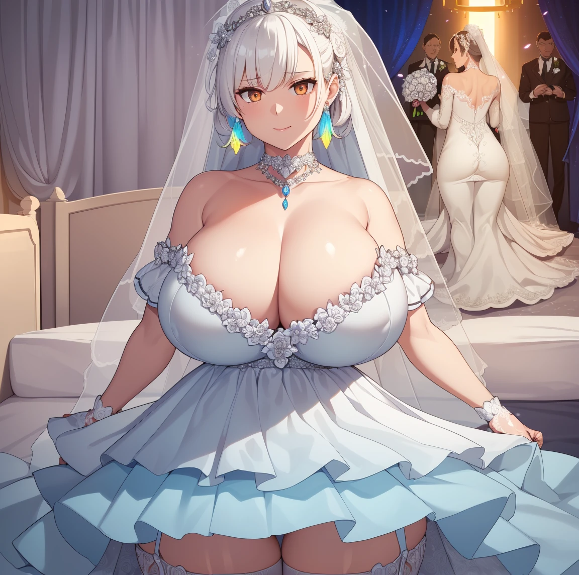 light particles, halo, (bioluminescent:0.95), bioluminescent, piercing glare, vibrant, (((colourful))), color, (glowing, glow),ancient customs, wind blow, blossom, on bed, night, reflection light, depth of field, from behind, multiple views, delicated best quality ,masterpiece, illustration, an extremely delicate and beautiful, extremely detailed ,CG ,unity ,8k wallpaper, Amazing, finely detail, masterpiece,best quality,official art,extremely detailed CG unity 8k wallpaper,absurdres, incredibly absurdres, huge filesize , ultra-detailed, highres, extremely detailed,beautiful detailed girl, extremely detailed eyes and face, beautiful detailed eyes,light on face,1girl, (mature women, milf:1.1), (tachibana kyouka), (Super realistic), (white hair, (orange eyes), (slave collar), ((jewelry)), (hair jewelry), (((describe the arm in detail))), (((Super boobs))), ((saggy breasts)), (armpit), ((Plump body)), (Big breasts),((big ass)), ((thighs)), ((big thighs)), (black thighhighs, garter belt:1.1), ((Plump gigantic boobs)),, (detailed description of hair), ((upper body)), (Bare shoulder), ((collarbone)), (off shoulder), (Shiny skin), (detailed description of face), (Extremely detailed description of the eyes), (detailed description of body), (white and translucent skin), peerless beauty, (extreme beauty), (red lips), (shy ), (seductive smile), ((dress wedding:1.6)), (every pose), (full shoot body:1.1)
INFO