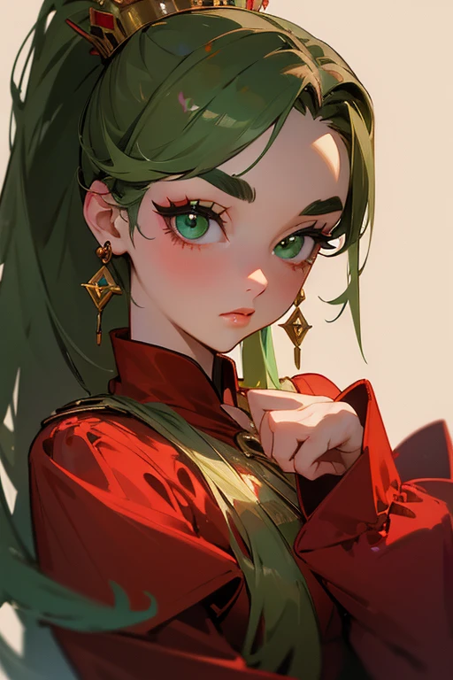 (highest quality, masterpiece:1.2), High resolution, Very detailed, Realistic:1.37, Fantasy, An illustration, Green Eyes、Queen, Red dress.Platinum decoration、beautifully、Eyeshadow Red、Thick eyebrows、Long eyelashes、pupils are black、Her hair is light green、Gold crown、Kissing Face、Embarrassing、people々Loved by、ponytail、Shoulder Bare、Surprised face、