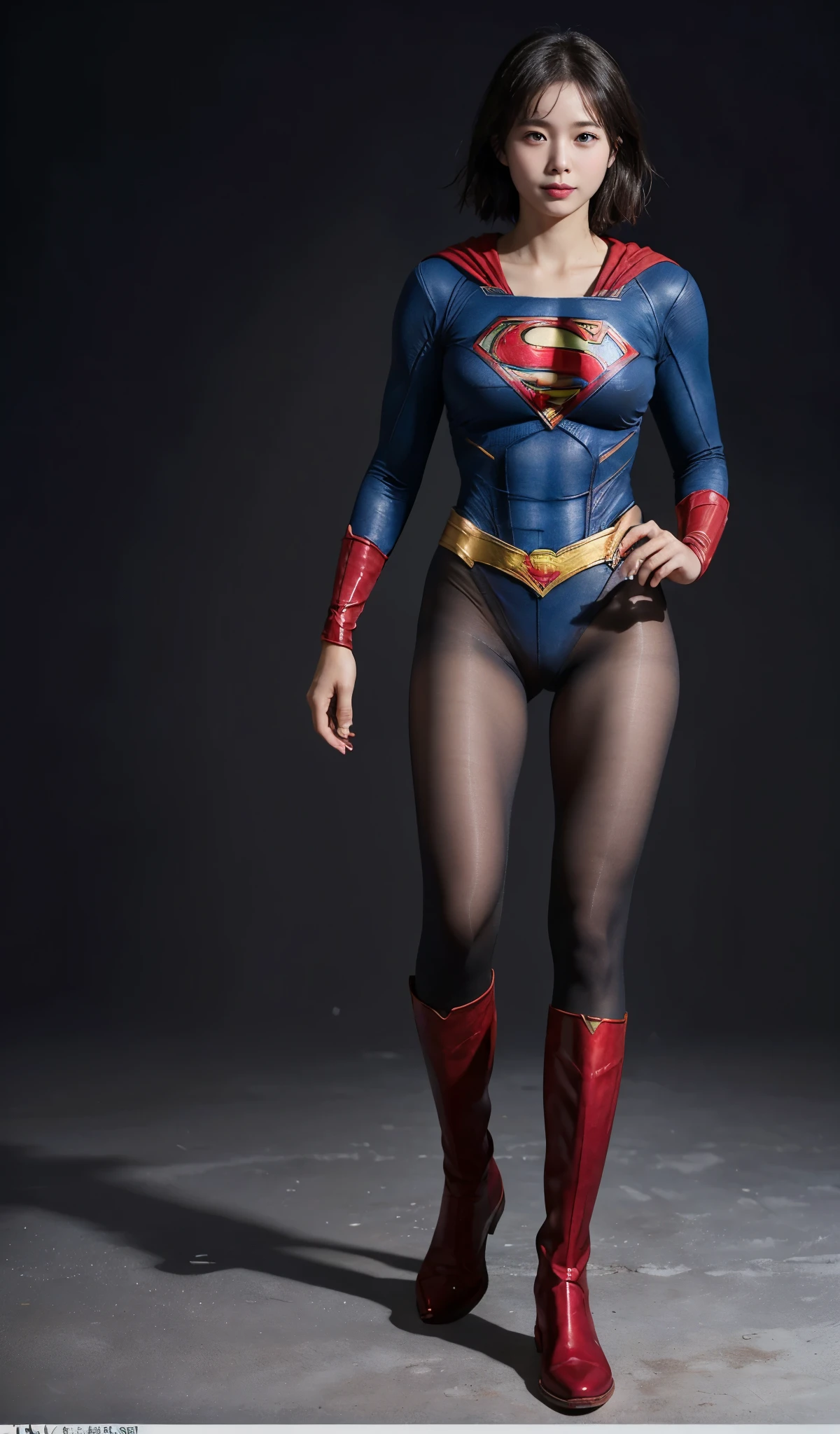 No background、(((Beautiful legs in black tights.)))、(((Legally express the beauty of your smile)))、((((Make the most of your original images)))、(((Supergirl Costume)))、(((Beautiful short bob hair)))、(((suffering)))、(((Please wear black tights....、Wear red boots)))、((Best image quality、8k))、((highest quality、8k、masterpiece:1.3))、(((Preserve background )))、Sharp focus:1.2、Beautiful woman with perfect figure:1.4、Slim Abs:1.2、Wet body:1.5、Highly detailed face and skin texture、8k