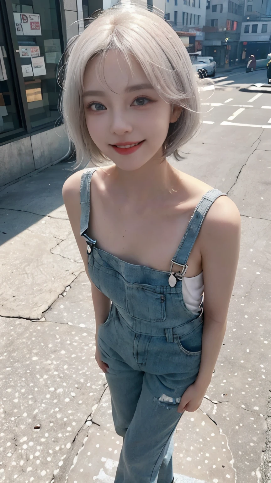 Best image quality、RAW Photos、超A high resolution、21 years old Korean、Small breasts、Dynamic Angle、Cowboy Shot、Chaos in its most beautiful form、elegant、Brutalist Design、Vibrant colors、Beautiful white hair、Short Bob、smile、fun、smile、Glowing White Skin、Beautiful eyes with random colors、Very thin lips、Beautiful eyes in every detail、length, Narrow eyes、Cheeks are pale pink、length eyelashes、Beautiful double eyelids、eye shadow、Bright white hair、Overalls、city、Photographed from diagonally above、Selfie、Full Body Shot、The chest is visible、