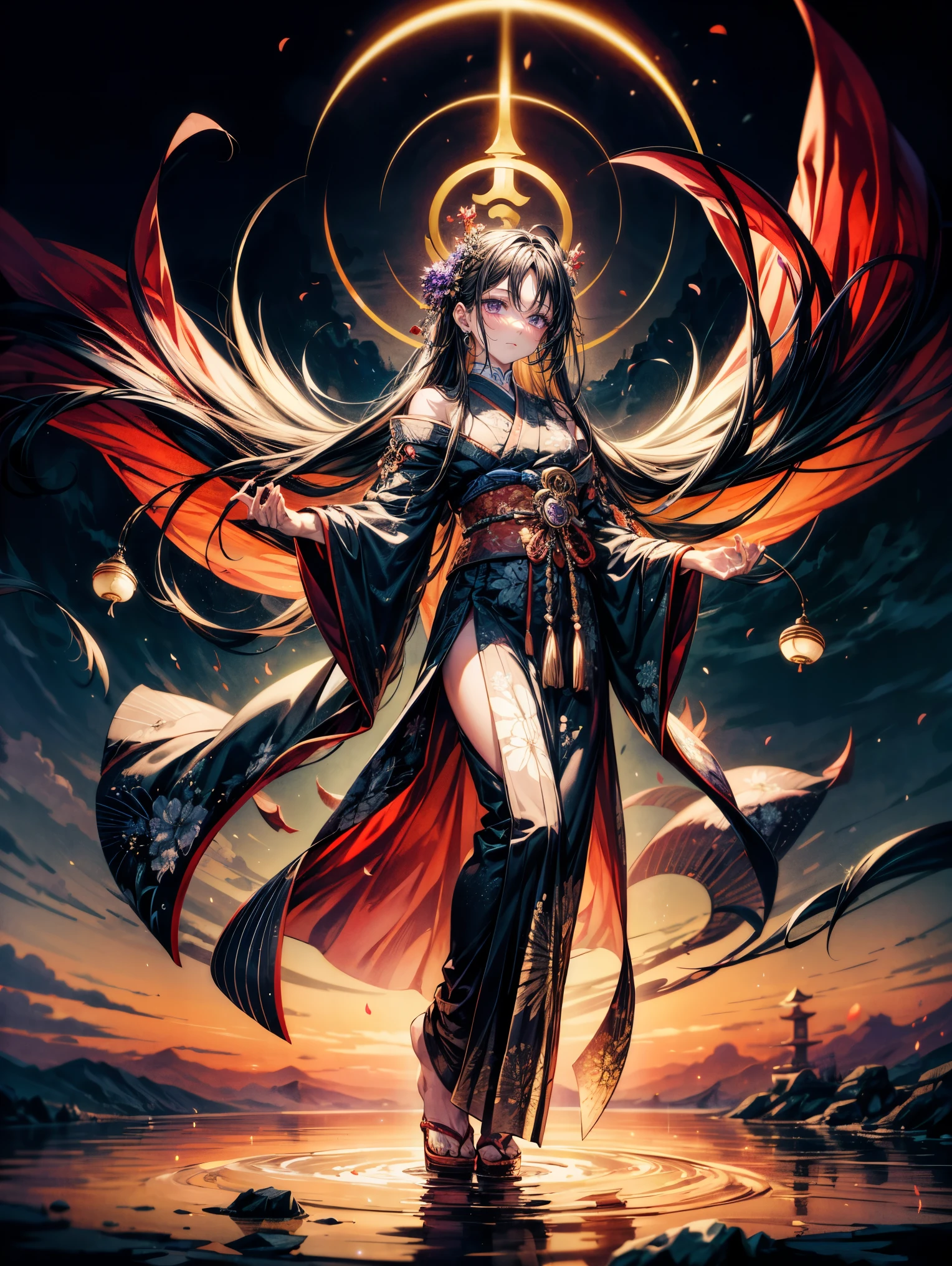 masterpiece,highest quality,Ultra high definition,Izanami,Mythical atmosphere, Long flowing black hair, ((purple eyes)), Traditional divine robe, Mysterious aura, Wisteria ornamentation, Sea of clouds in background, Ancient Japanese god-like appearance, Graceful standing posture, Silent expression, Accessories with sacred power, Mythological background,purple eyes