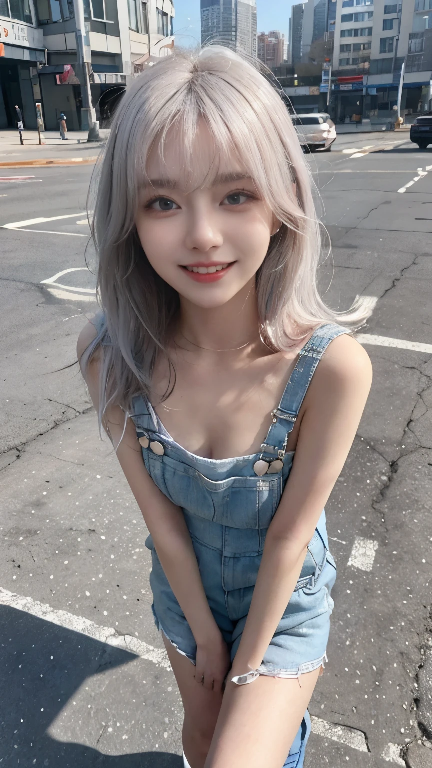 Best image quality、RAW Photos、超A high resolution、21 years old Korean、Small breasts、Dynamic Angle、Cowboy Shot、Chaos in its most beautiful form、elegant、Brutalist Design、Vibrant colors、Beautiful white hair、Short Bob、smile、fun、smile、Glowing White Skin、Beautiful eyes with random colors、Very thin lips、Beautiful eyes in every detail、length, Narrow eyes、Cheeks are pale pink、length eyelashes、Beautiful double eyelids、eye shadow、Bright white hair、Overalls、city、Photographed from diagonally above、Selfie、Full Body Shot、The chest is visible、