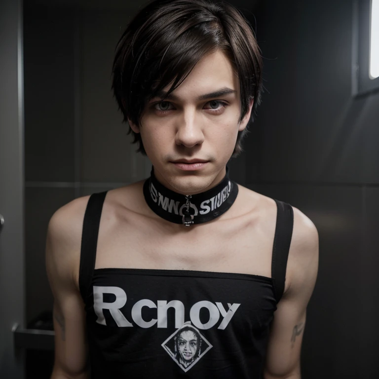 He is an emo boy, white complexion, slim, grayish blue eyes, dark brown hair, short emo hairstyle and he is 1.91 cm tall, very handsome, Polish and looks like the character called Dominik santorski From the movie suicide room Do it kiss face To the camera perspective selfie , wearing emo clothes