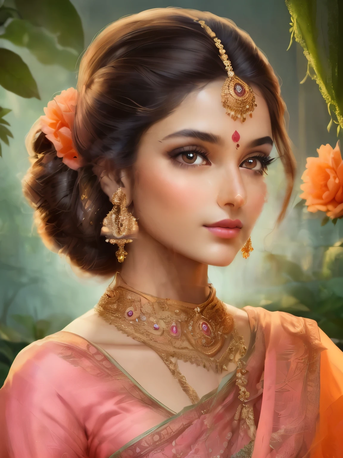 Produce a mesmerizing artwork of a young lady adorned in an intricately embroidered saree, reflecting timeless beauty. Emphasize her captivating eyes that speak volumes, her sculpted and elegant nose, and her lips, reminiscent of delicate pink petals. Her complexion should be flawlessly fair, adorned with a subtle touch of blush, enhancing her enchantment. Her eyes are strikingly adorned in a shade of orange, adding an element of intrigue to her gaze. She boasts a cascade of lush brown hair, carefully styled to accentuate her allure. Her physique should be gracefully slender, a testament to perfection. The coiffure she adorns should be artistically arranged to frame her countenance, an embodiment of enchantment. Set her against a background that elevates her beauty, painting an enchanting scene that enhances the overall elegance of the composition. Employ a palette of rich and vibrant hues to create a work of art that captures the essence of grace and captivation.
