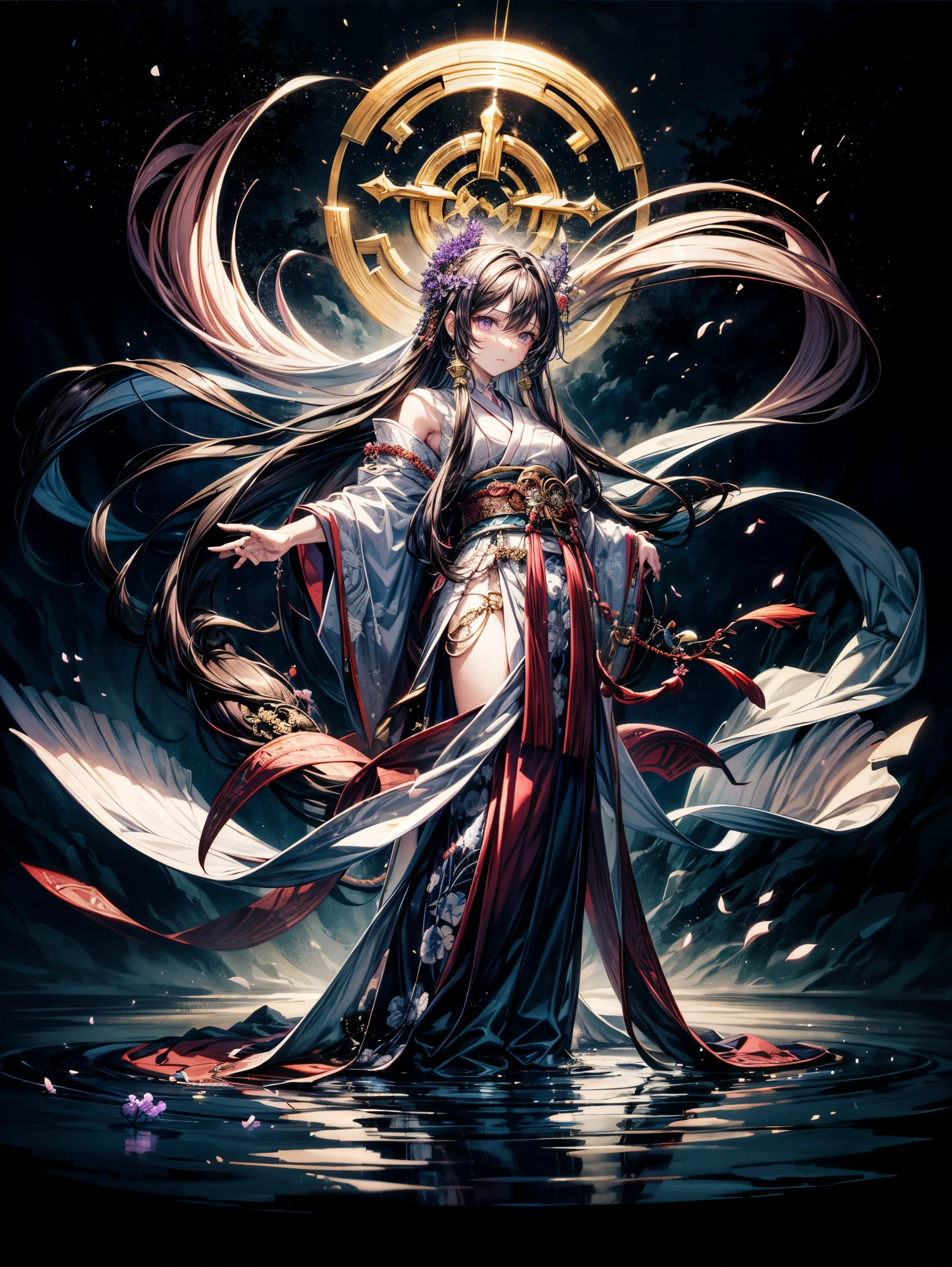 masterpiece,highest quality,Ultra high definition,Izanami,Mythical atmosphere, Long flowing black hair, ((purple eyes)), Traditional divine robe, Mysterious aura, Wisteria ornamentation, Sea of clouds in background, Ancient Japanese god-like appearance, Graceful standing posture, Silent expression, Accessories with sacred power, Mythological background,purple eyes