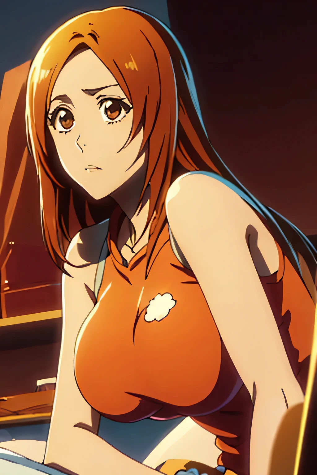 1 woman, orihime inoue, long light brown hair, big breasts, orange eyes, ((detailed eyes:1.2)), sexy, sensual, sleeveless, sideboob, masterpiece, top quality, best quality, official art, beautiful and aesthetic:1.2), extreme detailed, colorful, highest detailed