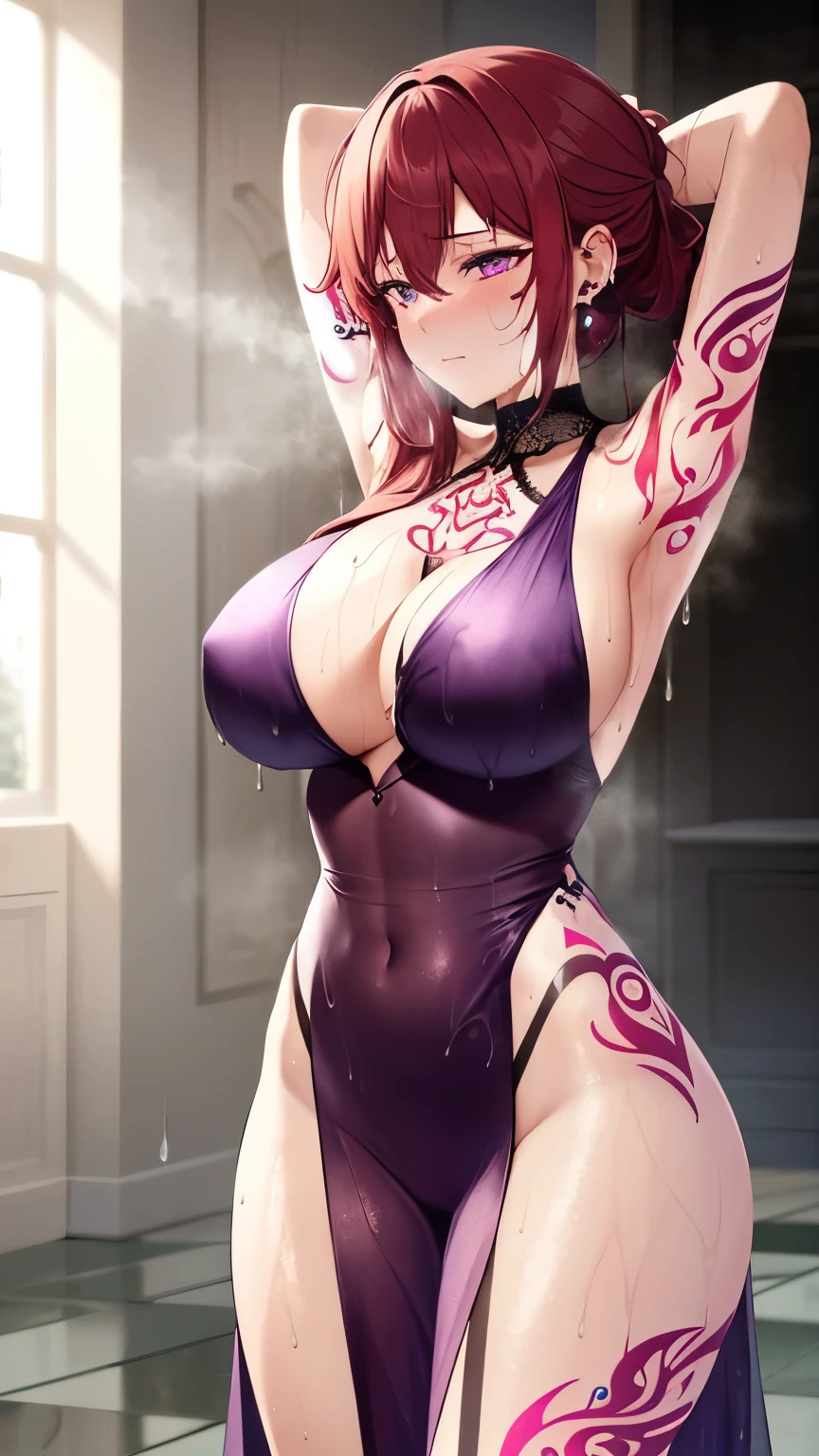 8k, RAW photo, best quality, masterpiece:1.2,1girl, female,red_hair, bangs, long_hair, earrings, jewelry, hair_between_eyes, closed_mouth, purple_eyes,((silk hot dress:1.3)),((see through:1.5)), ((body tattoo:1.5)),cleavared skin,Hot, (wet skin:1.5),(sweaty body:1.5) cowboy shot, marble floor,vacuum,