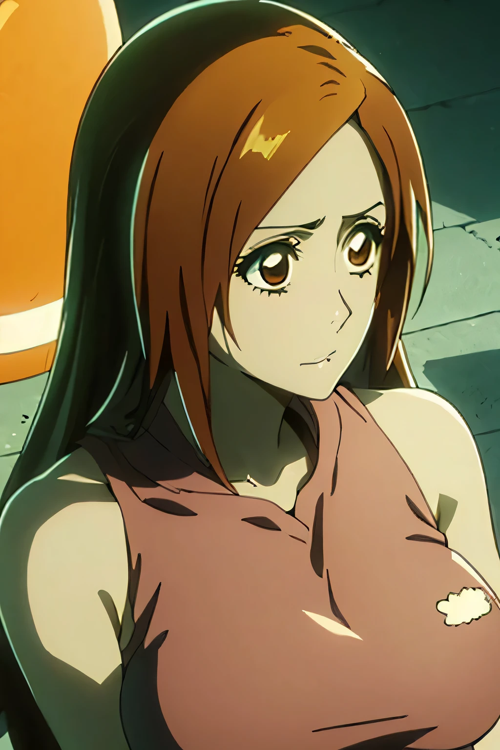 1 woman, orihime inoue, long light brown hair, big breasts, orange eyes, ((detailed eyes:1.2)), sexy, sensual, sleeveless, sideboob, masterpiece, top quality, best quality, official art, beautiful and aesthetic:1.2), extreme detailed, colorful, highest detailed