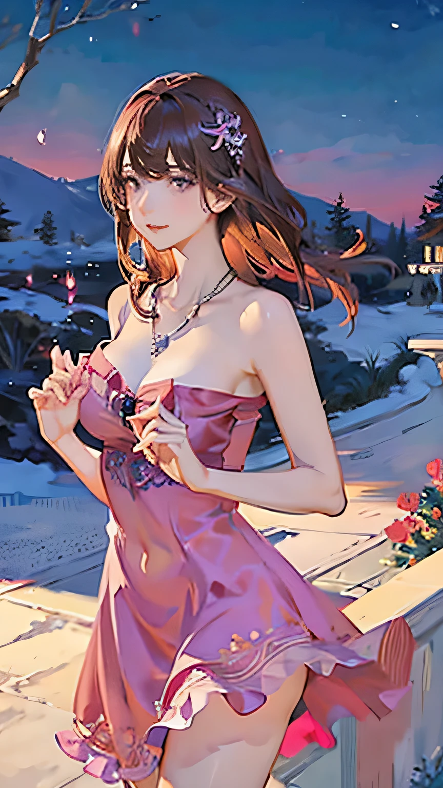 (highest quality, High resolution), Glowing Eyes, Delicate facial features, Vibrant colors, Dreamy atmosphere, Fantasy Theme, Floral Background, Graceful Movement, Detailed clothing, loose fitting dress, Elegant fashion, Magic lighting, Mysterious Aura, Heavenly Beauty, Magic thread, Whimsical elements,Big Breasts、Red attire、Colorful costumes、lingerie、Purple outfit