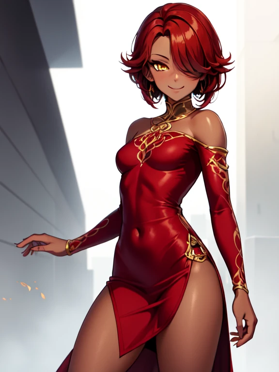 (masterpiecer, best quality, ultra-detailed), CinderFall, yellow eyes, bob hairstyle, hair on the side, ((red hair)), hair over one eye, earrings, long dress, thigh slit , sexy, smiling, red dress, red sleeves, bare shoulders, standing, looking at viewer, muscular, small breasts, (dark skin)