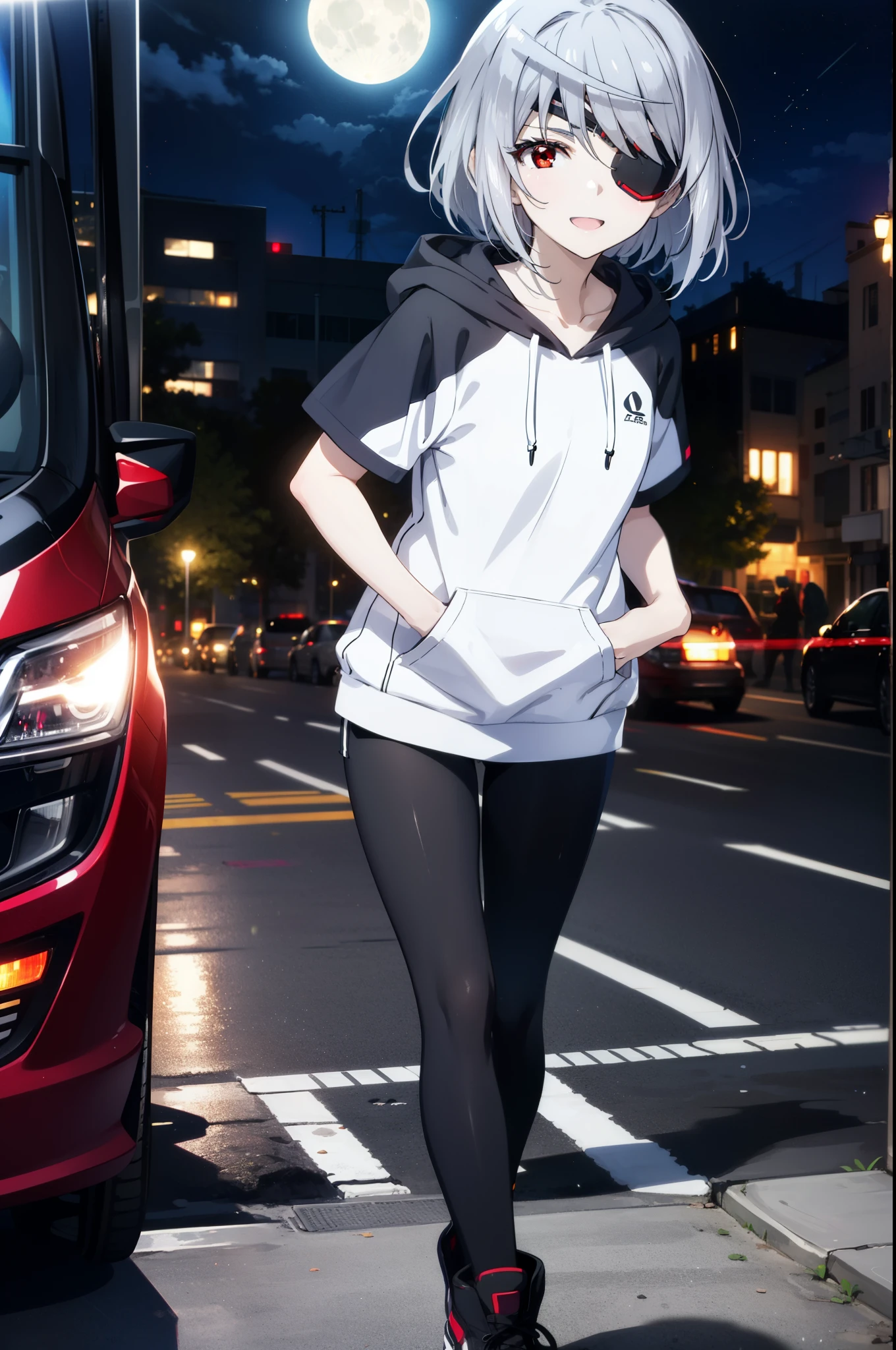 Laurabodewig, Laura Bodewig, Long Hair, (Red eyes:1.3), Grey Hair, Eye patch,happy smile, smile, Open your mouth,Black hoodie,Short sleeve,Hoodie hood up,Shorts,Black pantyhose,short boots,night,moonlight,walking,
break outdoors, In town,Building district,crowd, people々々,
break looking at viewer,
break (masterpiece:1.2), highest quality, High resolution, unity 8k wallpaper, (figure:0.8), (Beautiful fine details:1.6), Highly detailed face, Perfect lighting, Highly detailed CG, (Perfect hands, Perfect Anatomy),