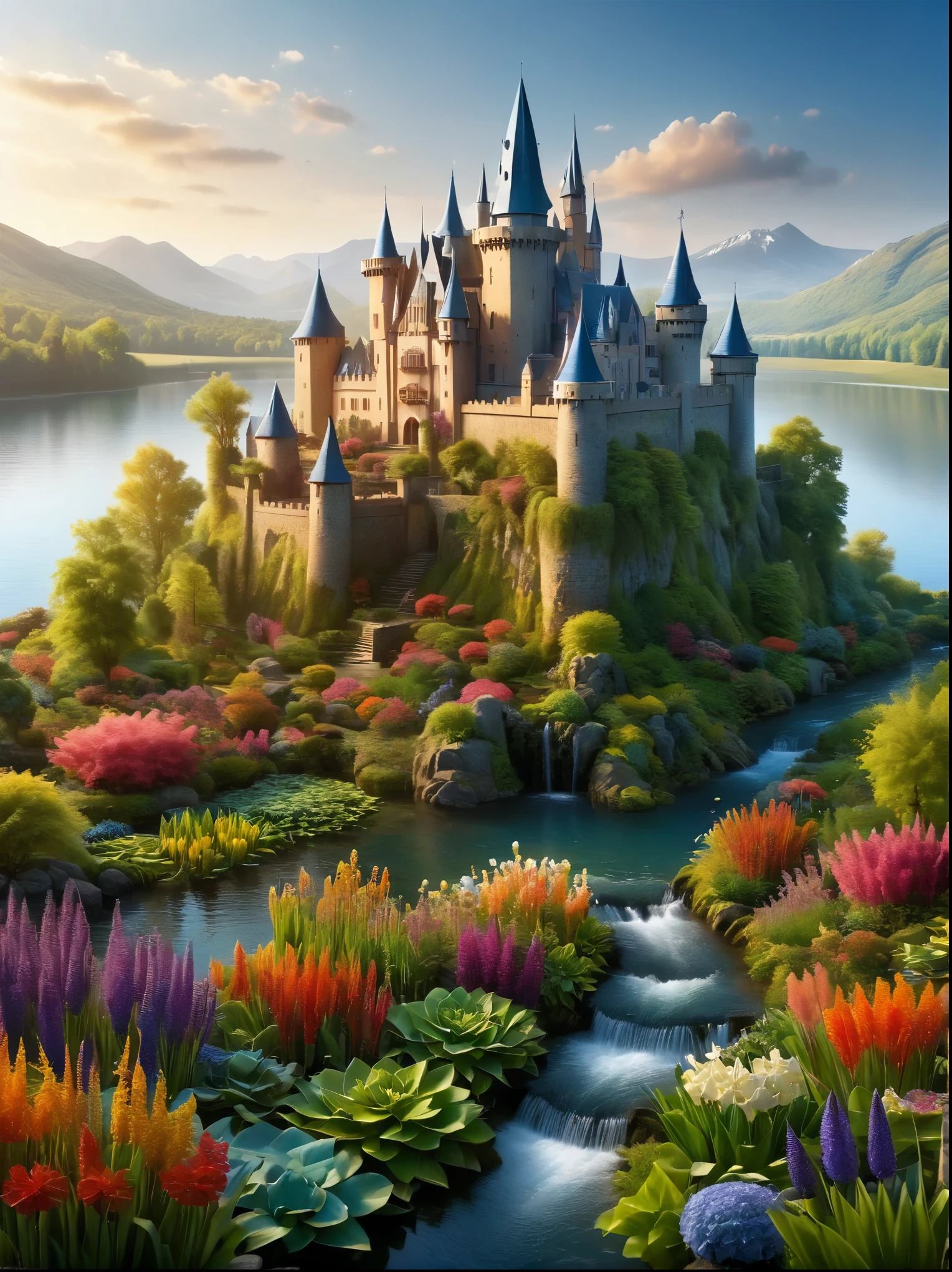 Imagine a serene and magical fantasy world. In the heart of this vibrant, enchanted setting stands a majestic castle. It sits in the middle of an expansive lake, surrounded by an array of diverse aquatic plants. Many flowers of different types and radiant colors punctuate the lovely landscape, adding to its charm. Multiple waterfalls spring from nearby cliffs, their water glistening under the dawn light as they feed the lake. The sun is just beginning to peek over the horizon, casting beautiful, warm hues onto the castle and the surrounding nature with its first light of the day.