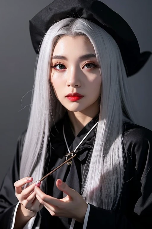 ((best quality)), ((masterpiece)), (detailed), perfect face,美Shii,CG,anime,Real,witch,死god,Robe,妖Shii,Alluring,Gray Hair,Black clothes,Scary background,Red eyes,crystal,fortune teller,god,god々Shii,Eyelashes,Beauty,sharp,hat,Food,Cane,anime風,,,,,,