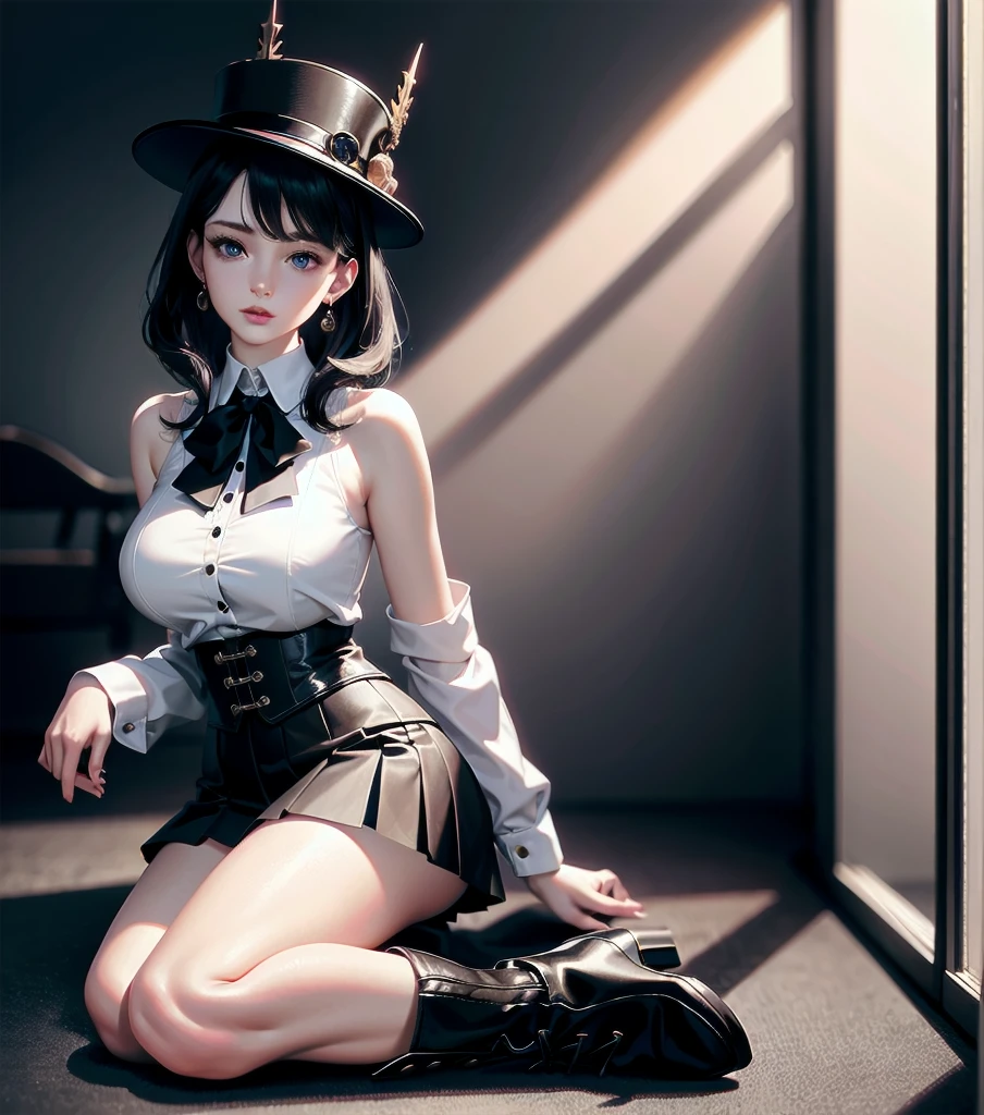 absurdres, RAW photo, extremely delicate and beautiful, masterpiece, Best Quality, ultra high resolution, 32k, hyperrealistic, ultra-detailed, detailed description, pale skin, 20 years old, detailed beautiful face and eyes, tearful mole, earring, Colossal tits, short medium hair, wavy hair, full body shot, alone, steampunk fashion, waistcoat, blouse, hat, boots, short skirt, bare shoulder,