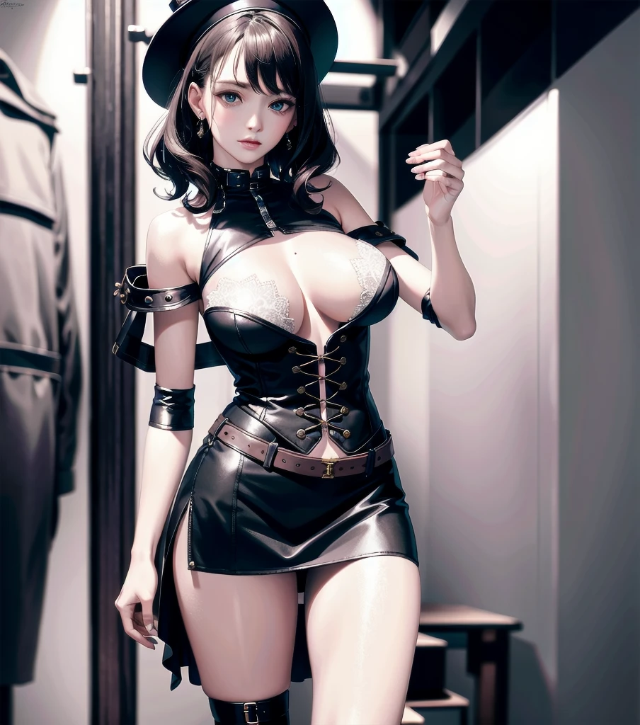 absurdres, RAW photo, extremely delicate and beautiful, masterpiece, Best Quality, ultra high resolution, 32k, hyperrealistic, ultra-detailed, detailed description, pale skin, 20 years old, detailed beautiful face and eyes, tearful mole, earring, Colossal tits, short medium hair, wavy hair, full body shot, alone, steampunk fashion, waistcoat, blouse, hat, boots, short skirt, bare shoulder,