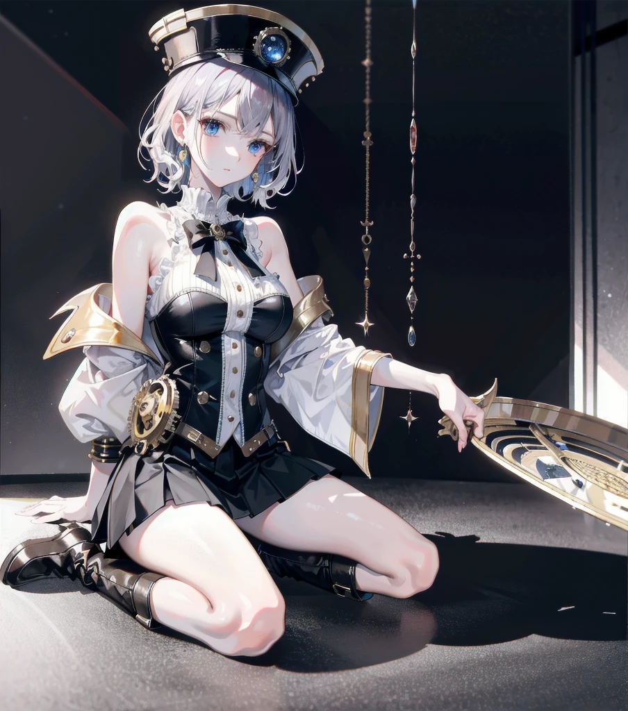 absurdres, RAW photo, extremely delicate and beautiful, masterpiece, Best Quality, ultra high resolution, 32k, hyperrealistic, ultra-detailed, detailed description, pale skin, 20 years old, detailed beautiful face and eyes, tearful mole, earring, Colossal tits, short medium hair, wavy hair, full body shot, alone, steampunk fashion, waistcoat, blouse, hat, boots, short skirt, bare shoulder,