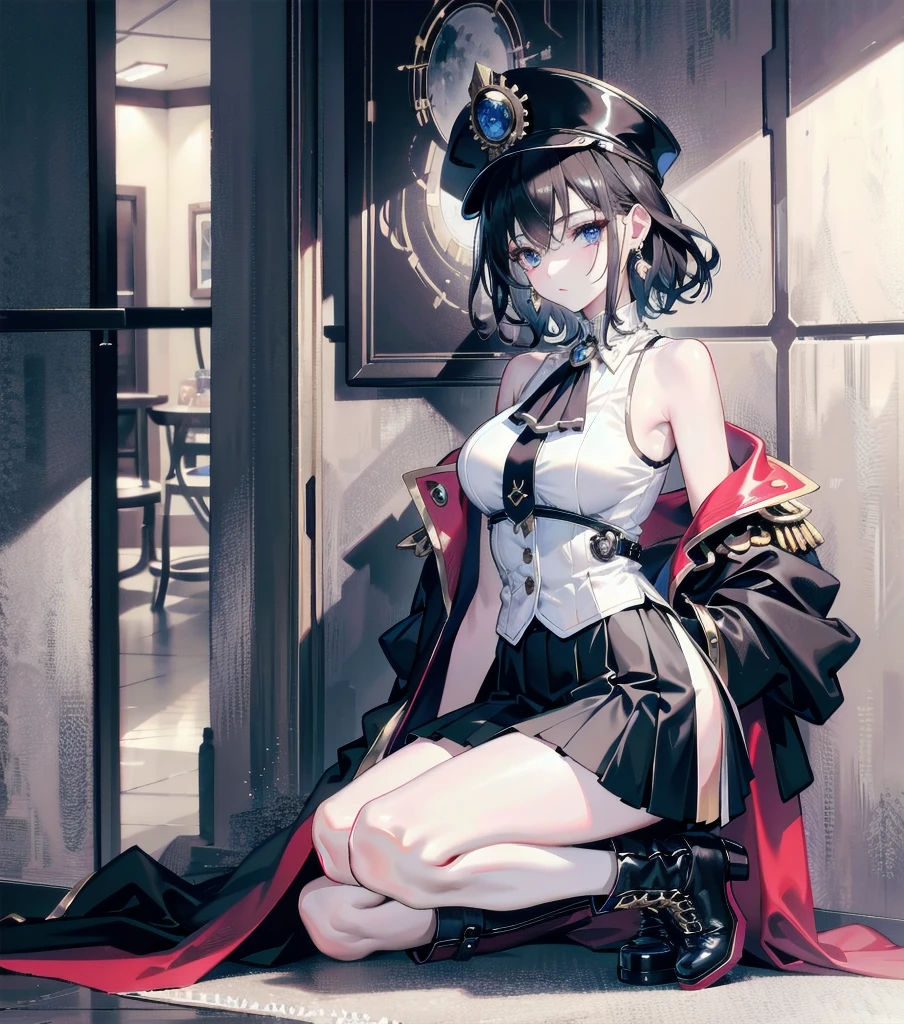 absurdres, RAW photo, extremely delicate and beautiful, masterpiece, Best Quality, ultra high resolution, 32k, hyperrealistic, ultra-detailed, detailed description, pale skin, 20 years old, detailed beautiful face and eyes, tearful mole, earring, Colossal tits, short medium hair, wavy hair, full body shot, alone, steampunk fashion, waistcoat, blouse, hat, boots, short skirt, bare shoulder,