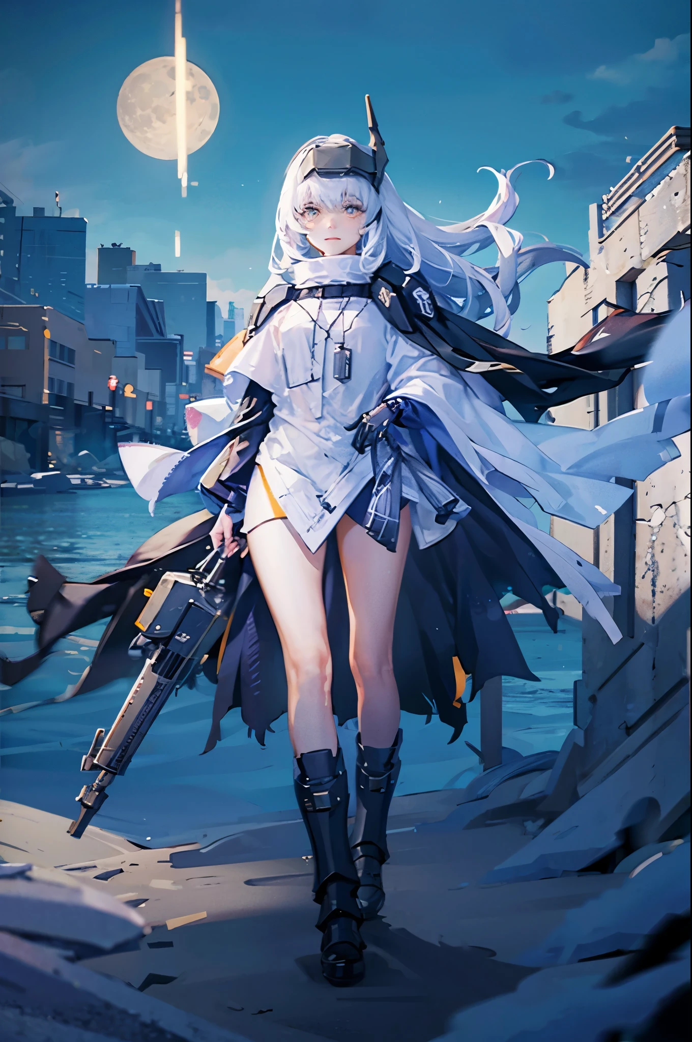 yellow eyes, white hair, long hair, headgear, mechanical boots, cloak, bare legs, single pauldron,Night, Aurora, starlight, moon, sea, sand, taking off boots, walking, full body, full body in the distance, background centered, from head to toe,hair reaching down to the ribs