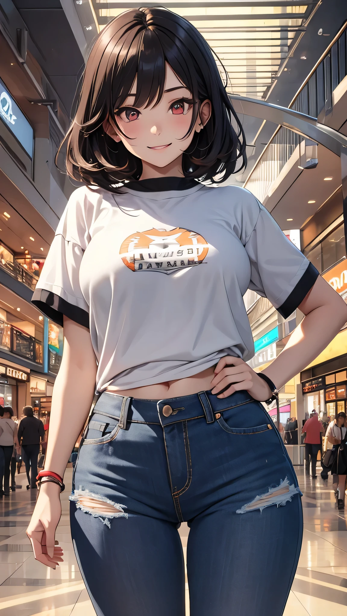 最high quality、Best image quality、masterpiece、girl((18-year-old、 By becoming、Best Bust、Medium Bust,Wide open breast tea、Red glowing eyes,Black Hair、Red Mesh、Disheveled Hair、Lointail、thin,The highest valley、Open chest、Luminous Wristbands、hair ornaments、Show the whole body,Black short sleeve T-shirt、Wear a shoulder bag、Short denim trousers、Leaning forward、smile、Disheveled,Hands on hips、turn around、peace sign)),high quality、Beautiful art、background((Beautiful sun、sunlight、Large shopping malls、squirt))、Flight、Flying debris、Written boundary depth、movie、Visual Arts、Perfect art、8K,Genuine,