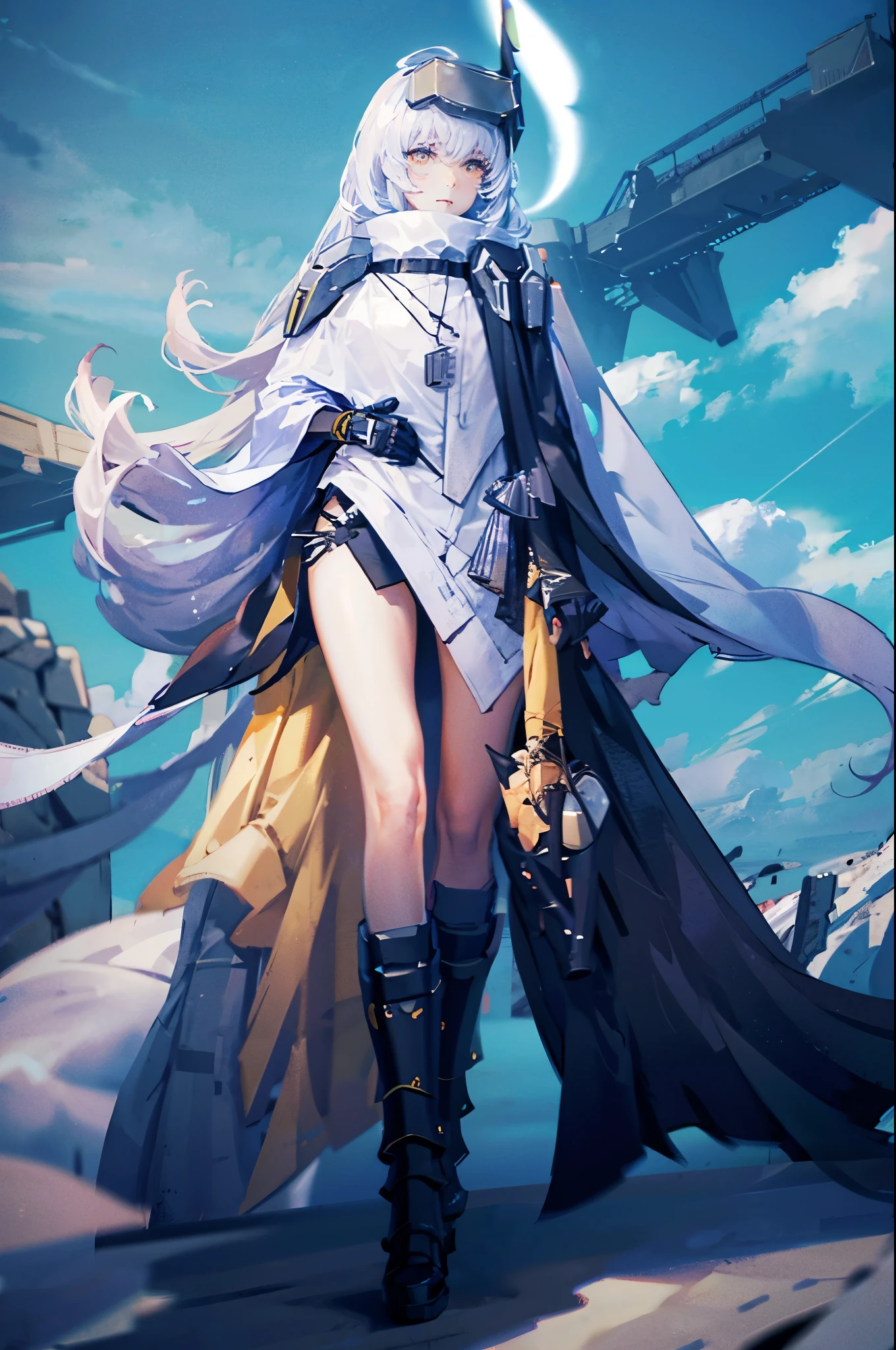 yellow eyes, white hair, long hair, headgear, mechanical boots, cloak, bare legs, single pauldron,Night, Aurora, starlight, moon, sea, sand, taking off boots, walking, full body, full body in the distance, background centered, from head to toe,hair reaching down to the ribs