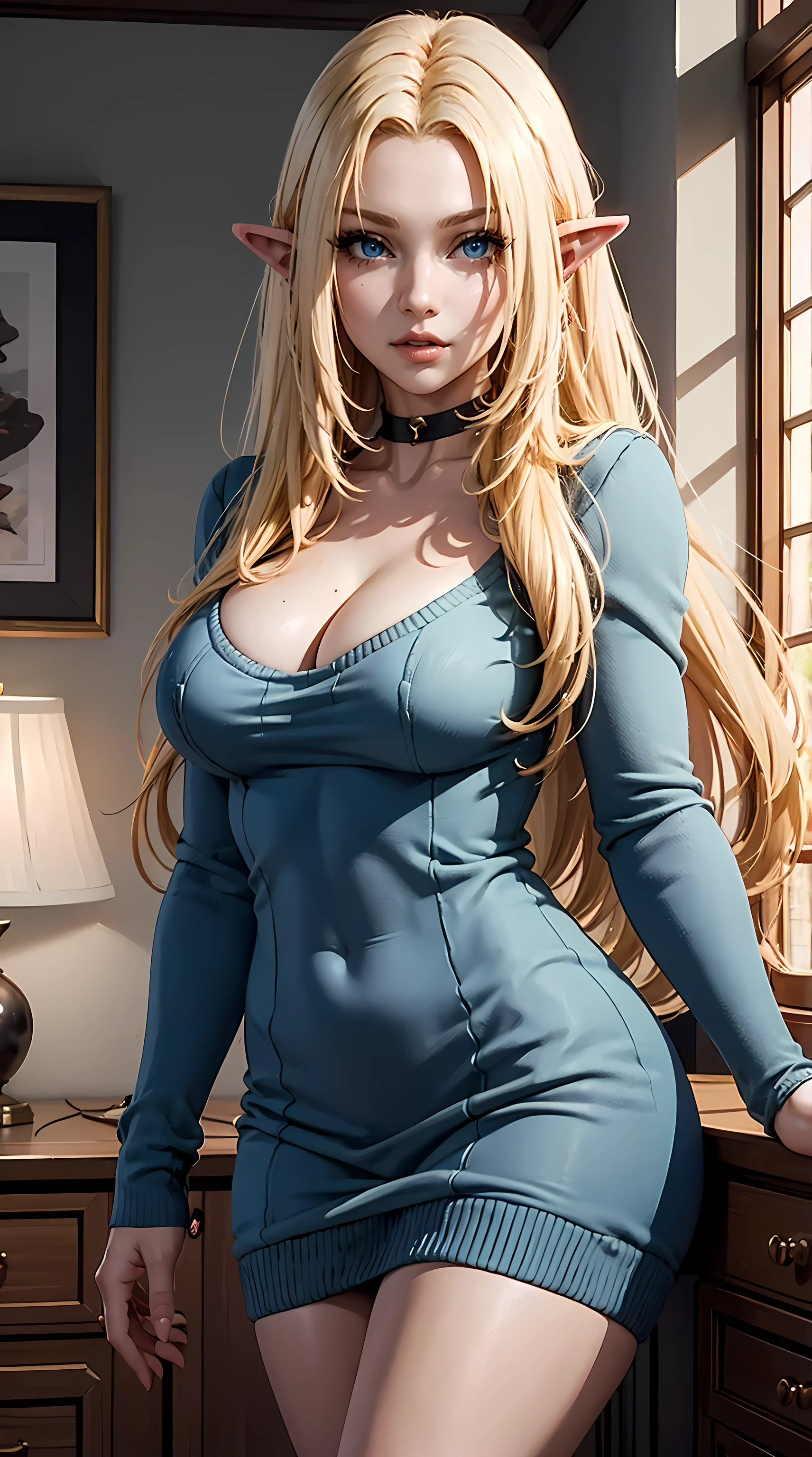 Beautiful long blonde hair woman is shown to have a sexy figure, she is wearing a nsfw sweater dress, choker, sexy look, messy hair, pointy ears, blue eyes, girl in cozy home ,sexy session, sexy pose, cowboy shot, superior quality, many details, realistic
