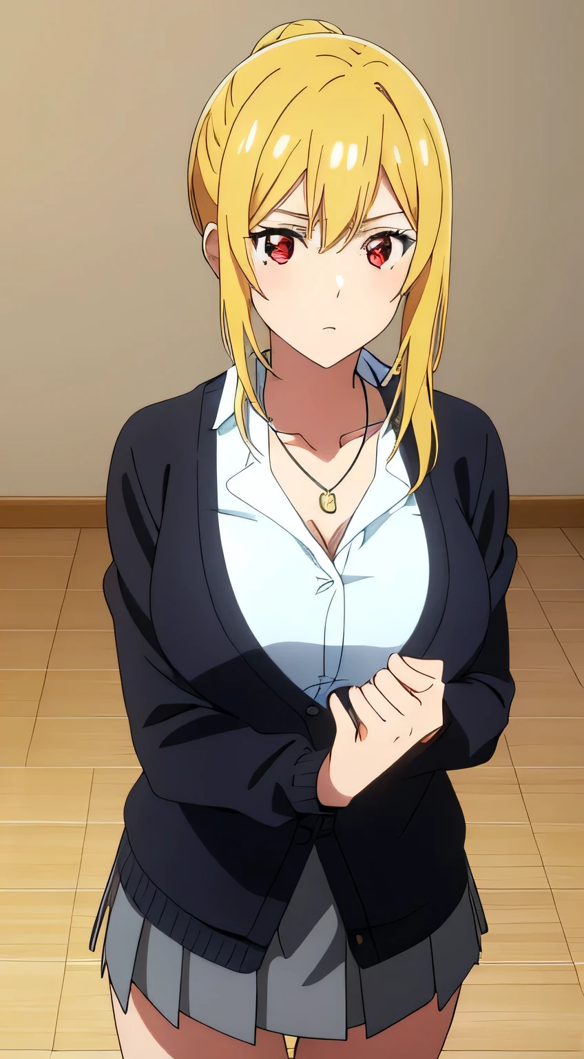 highest quality, High resolution, 8k, Anime art style, Beautiful fine details, Highly detailed face, Soft look, Stylish pose, Angelica V4,One girl,alone,Red eyes, (Collared shirt, White shirt, necklace, jewelry, Black sweater, cardigan, mini skirt, classroom, Cowboy Shot), Looking at the audience, Center the image, Beautiful medium large breasts, Beautiful Face, Narrow waist, Charm, Soft lighting,