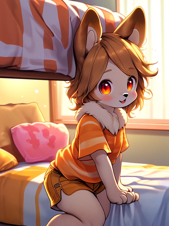 11 year old dog girl, brown fur with brown legs, claro cabello corto rosa y ojos rojos, yellow blouse with orange stripes and denim shorts, en su cuarto, cama a su lado, sentada en el escritorio, toma una malteada, te mira con una sonrisa