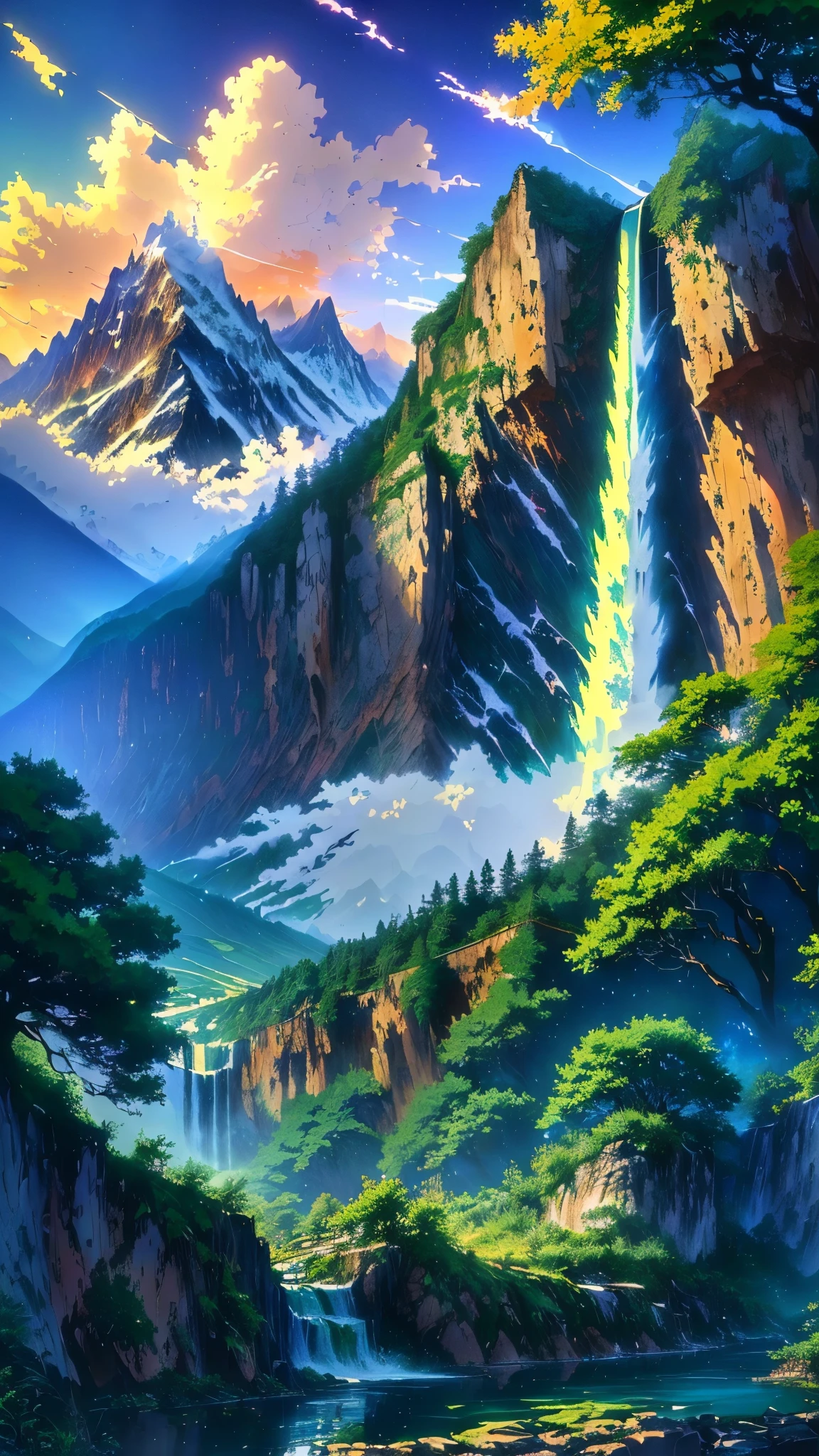 painting of a waterfall and a mountain with a waterfall in the foreground, anime landscape, anime landscape wallpaper, anime nature, anime beautiful peace scene, beautiful anime scenery, anime nature wallpap, anime scenery, anime art wallpaper 4k, anime countryside landscape, anime art wallpaper 4 k, scenery artwork, scenery wallpaper, japanese art style, anime background, beautiful anime scene