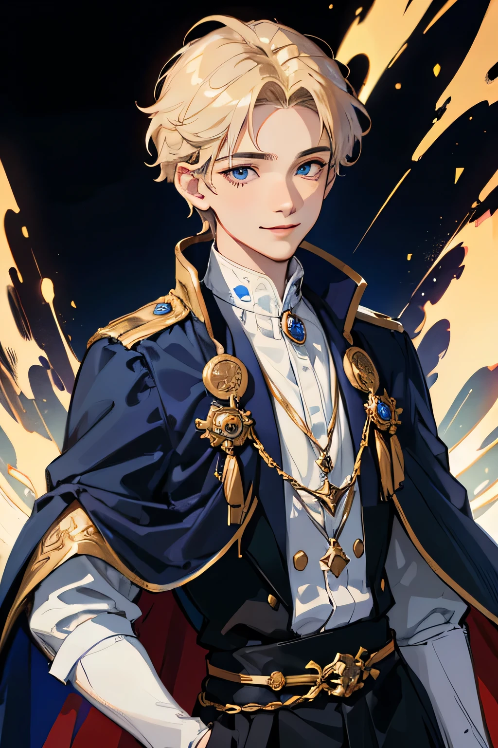 Masterpiece, Highest quality, Detailed,Nebula, 4k, 1 boy, 15 years old, prince, kind, smart, naive young man, gold hair, smiling, Royal blue costume, black cape, facing front, (((white background))),