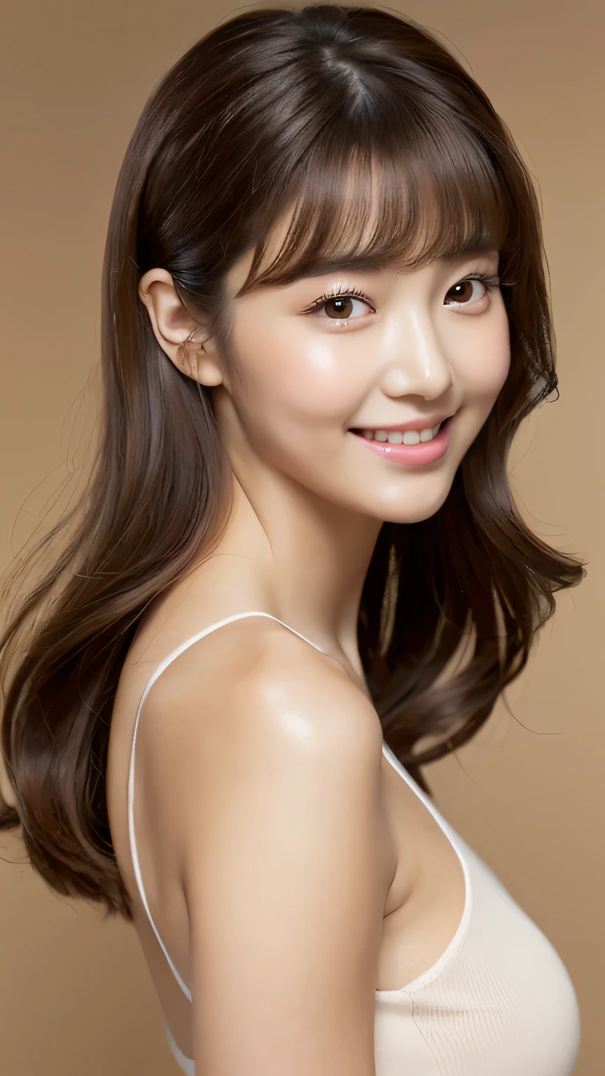 1 female, Large Breasts, Big Ass,Light brown hair, Blunt bangs, Random Hairstyles, very fat figure, Delicate lips, Saggy eyes,Perfect Skin, (Realistic:1.3), high quality, 最high quality, High resolution、Professional face,((Long legs,From head to toe,whole body)),smile
