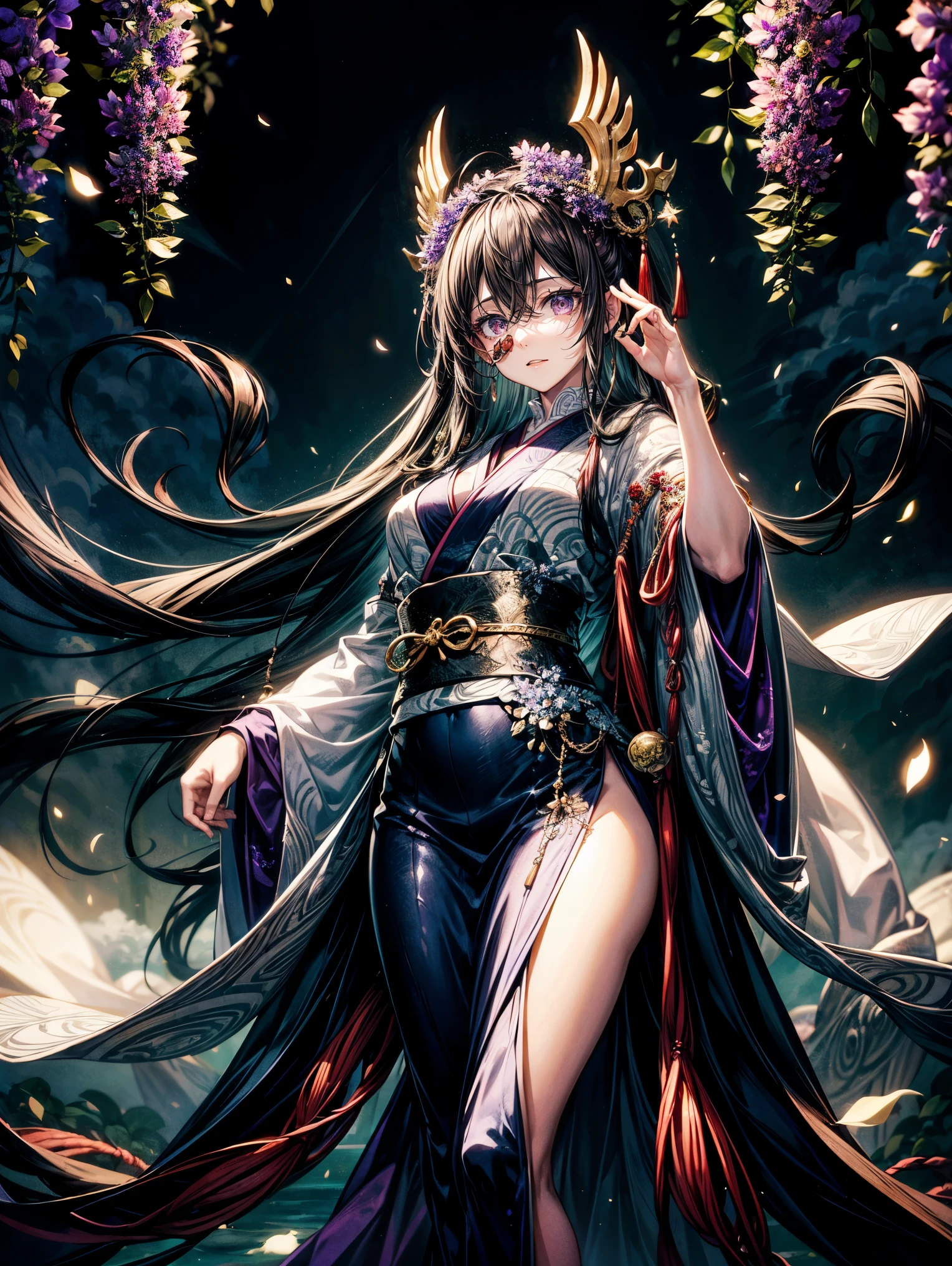 masterpiece,highest quality,Ultra high definition,Izanami,Mythical atmosphere, Long flowing black hair, ((purple eyes)), Traditional divine robe, Mysterious aura, Wisteria ornamentation, Sea of clouds in background, Ancient Japanese god-like appearance, Graceful standing posture, Silent expression, Accessories with sacred power, Mythological background,purple eyes