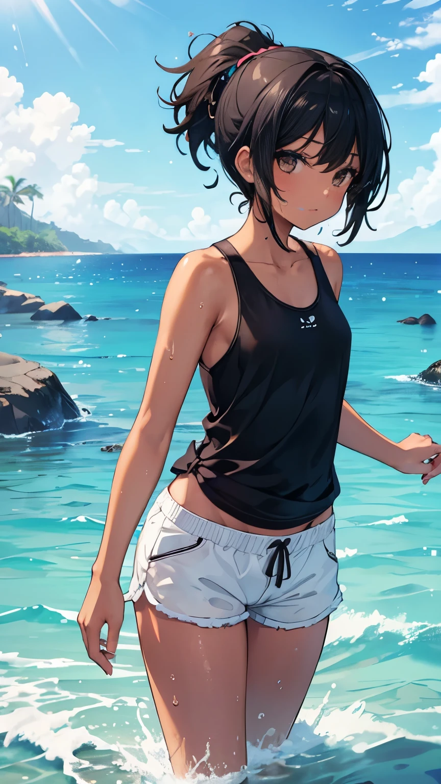 woman,,Brown skin,In the water,Sea,tropical fish,Toned body,Black Hair,Short Hair,ponytail,Dark Eyes,Tank top,Shorts,Small waist,swim,Wet with water,Dive into the sea