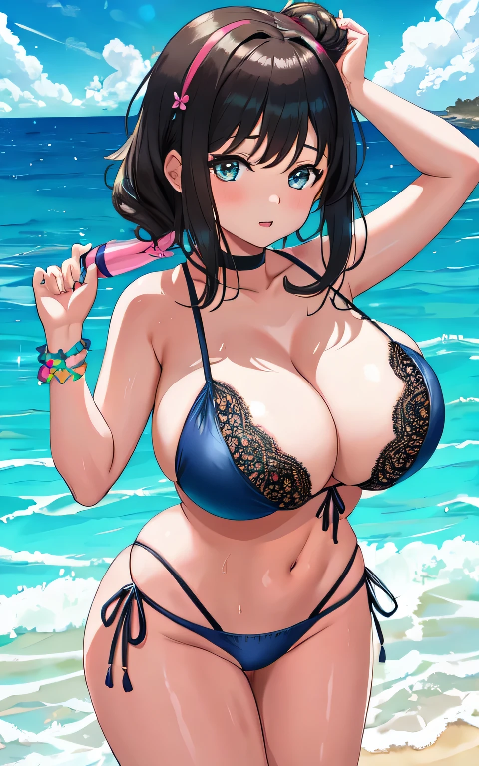 A 6 year old girl with huge breasts, wearing a lacy bikini swimming costume, on the beach, holding a man's penis in her hand, wearing a swim ring