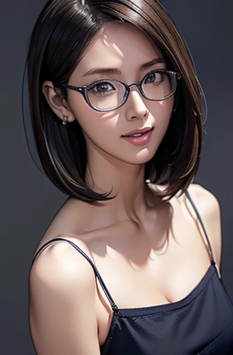 (masterpiece), (8k, best quality, high resolution), (ultra-detailed, realistic), (anatomically correct),
((face close-up)), (Standing), (No background),
(1woman), (looking at viewer),
(A Japanese woman, 30 years old and 155cm tall.),
(black hair), (straight hair), (short hair style), (bob cut), (hair behind ears),
(wear glasses), ((black cell frame glasses)),
((Wear a navy blue spaghetti strap dress)), (Mini length dress with simple design),
(Create a detailed image of the eye),
(Her impression is pure, clean and kind.),
((A captivating smile, just showing a few teeth.)),