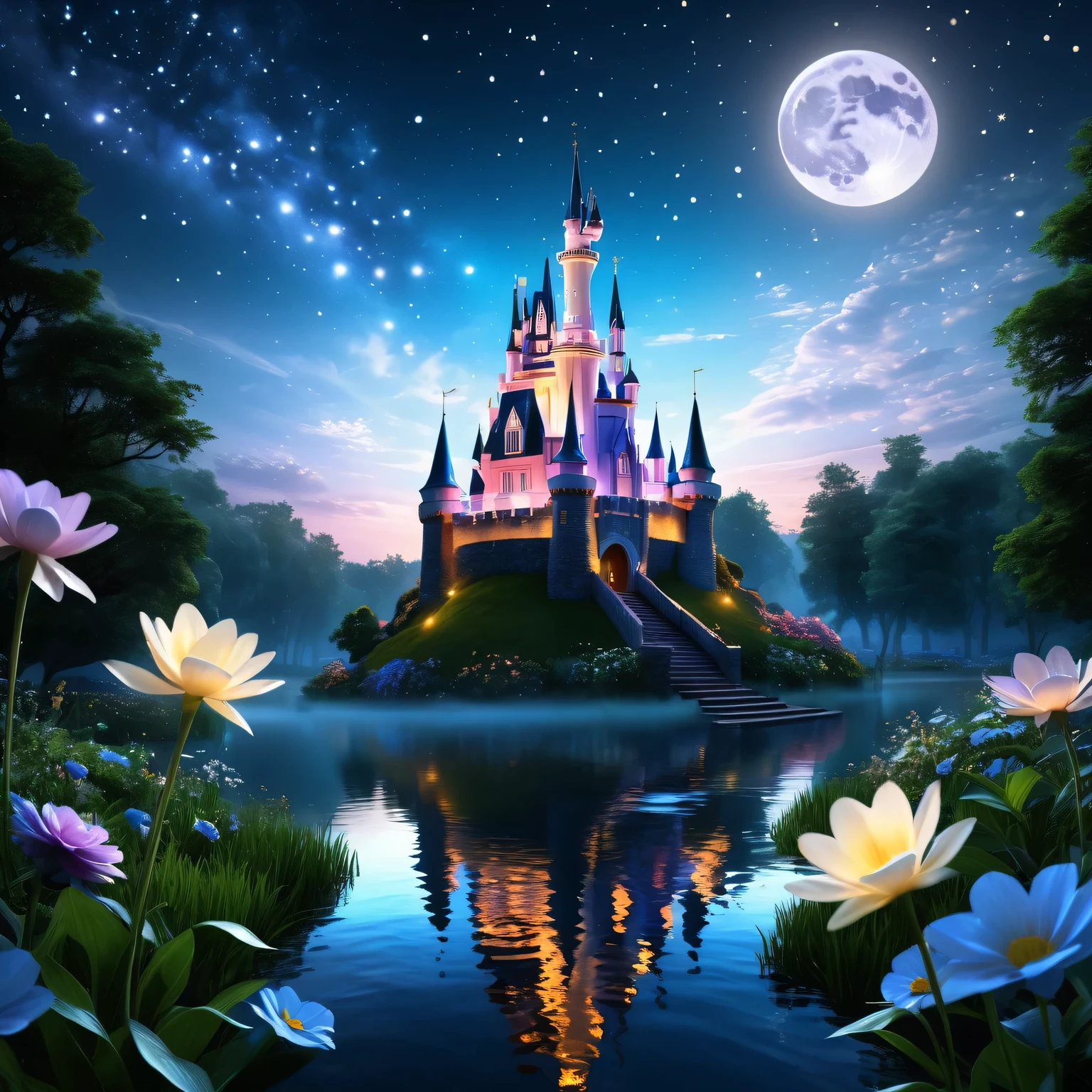 (best quality,4k,8k,highres,masterpiece:1.2),ultra-detailed,(realistic,photorealistic,photo-realistic:1.37),Dreamy,glass castle,Twinkle Stars,Soft moonlight,Extensive garden,iridescent flowers,Ethereal music,peaceful tranquility,Magic of Heaven,Whispering Wind,Charming charm,Imagine it,Awesome beauty,Seemingly infinite,Romantic Serenade
