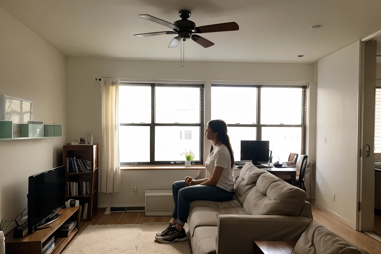 1 female college student, narrow living room, flutter