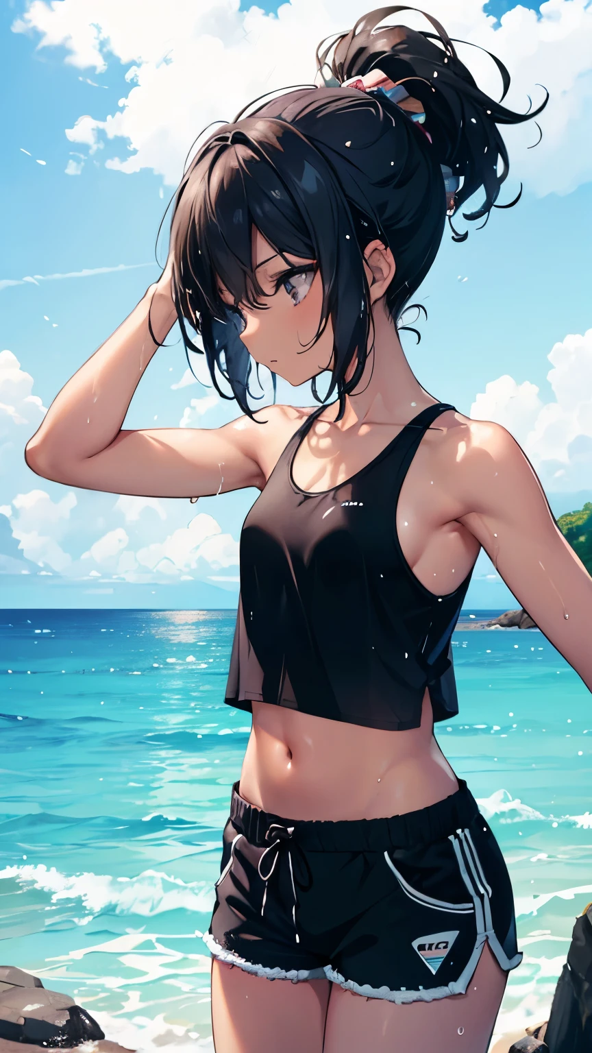 woman,,Brown skin,In the water,Sea,tropical fish,Toned body,Black Hair,Short Hair,ponytail,Dark Eyes,Tank top,Shorts,Small waist,swim,Wet with water,Dive into the sea