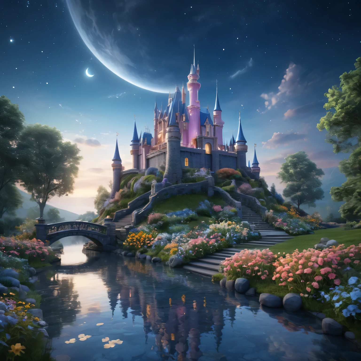 (best quality,4k,8k,highres,masterpiece:1.2),ultra-detailed,(realistic,photorealistic,photo-realistic:1.37),Dreamy glass castle,Twinkle Stars,Soft moonlight,Extensive garden,iridescent flowers,Ethereal music,peaceful tranquility,Magic of Heaven,Whispering Wind,Charming charm,Imagine it,Awesome beauty,Seemingly infinite,Romantic Serenade