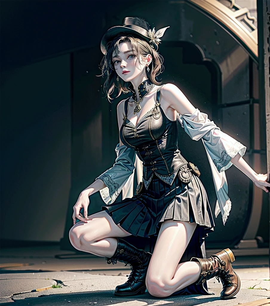 absurdres, RAW photo, extremely delicate and beautiful, masterpiece, Best Quality, ultra high resolution, 32k, hyperrealistic, ultra-detailed, detailed description, pale skin, 20 years old, detailed beautiful face and eyes, tearful mole, earring, Colossal tits, short medium hair, wavy hair, full body shot, alone, steampunk fashion, waistcoat, blouse, hat, boots, short skirt, bare shoulder,