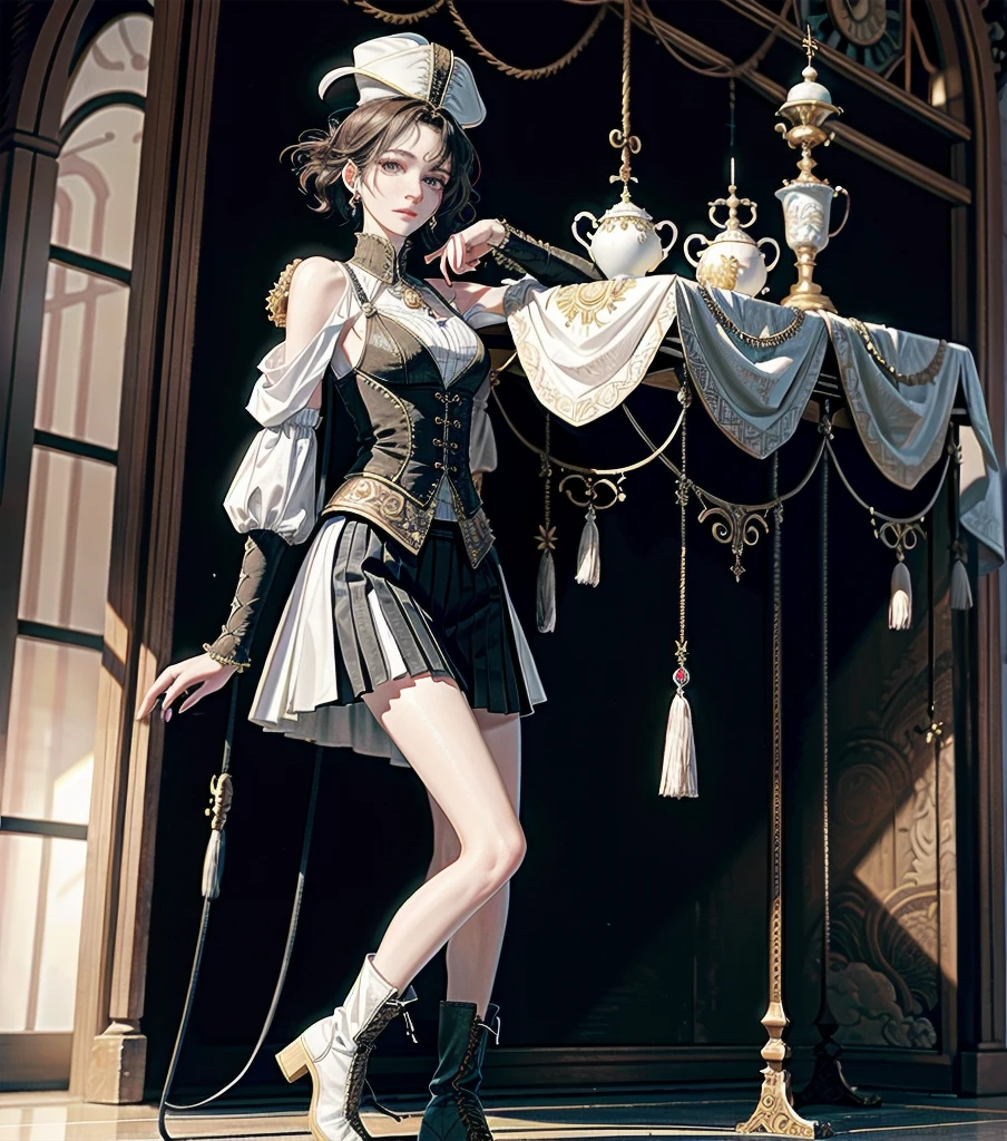 absurdres, RAW photo, extremely delicate and beautiful, masterpiece, Best Quality, ultra high resolution, 32k, hyperrealistic, ultra-detailed, detailed description, pale skin, 20 years old, detailed beautiful face and eyes, tearful mole, earring, Colossal tits, short medium hair, wavy hair, full body shot, alone, steampunk fashion, waistcoat, blouse, hat, boots, short skirt, bare shoulder,