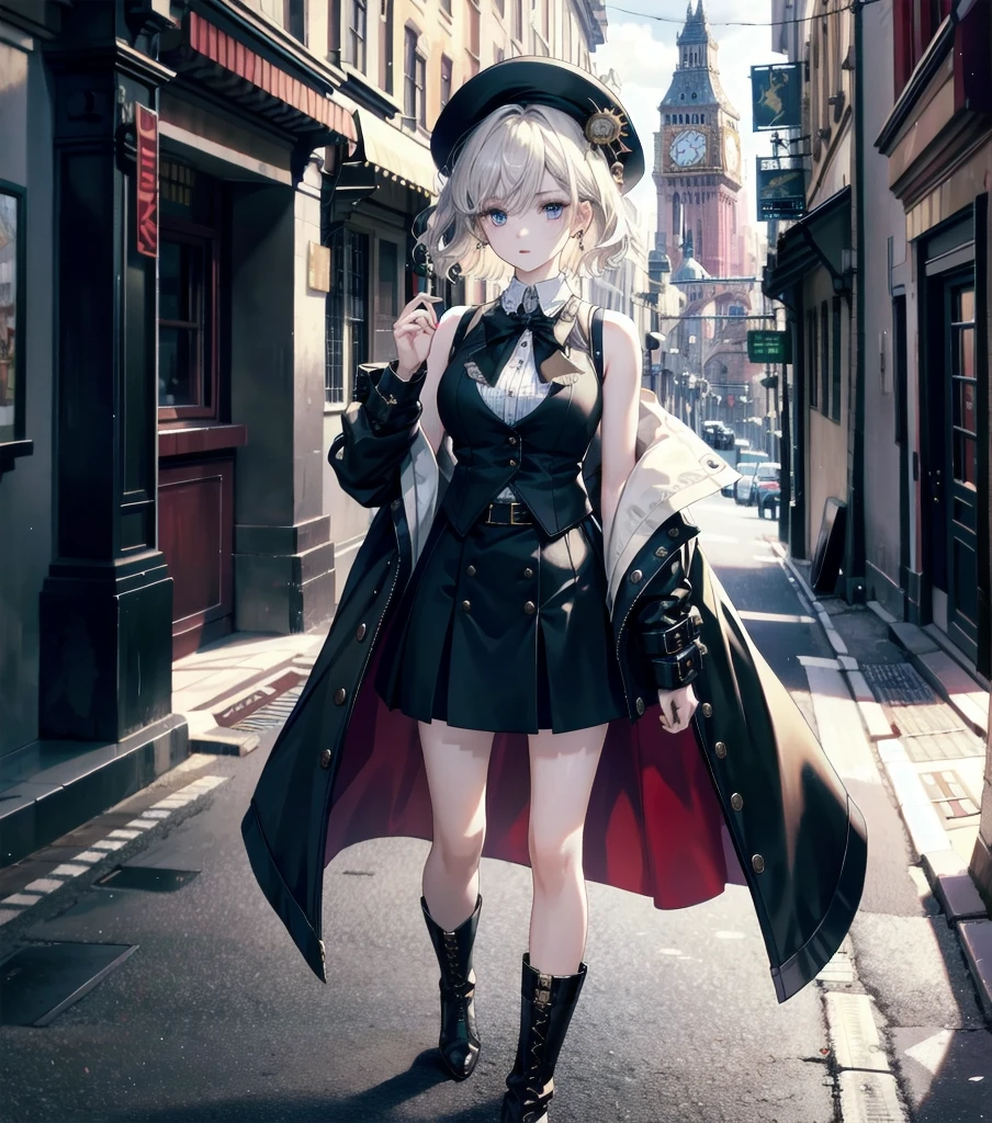 absurdres, RAW photo, extremely delicate and beautiful, masterpiece, Best Quality, ultra high resolution, 32k, hyperrealistic, ultra-detailed, detailed description, pale skin, 20 years old, detailed beautiful face and eyes, tearful mole, earring, Colossal tits, short medium hair, wavy hair, full body shot, alone, steampunk fashion, waistcoat, blouse, hat, boots, short skirt, bare shoulder,