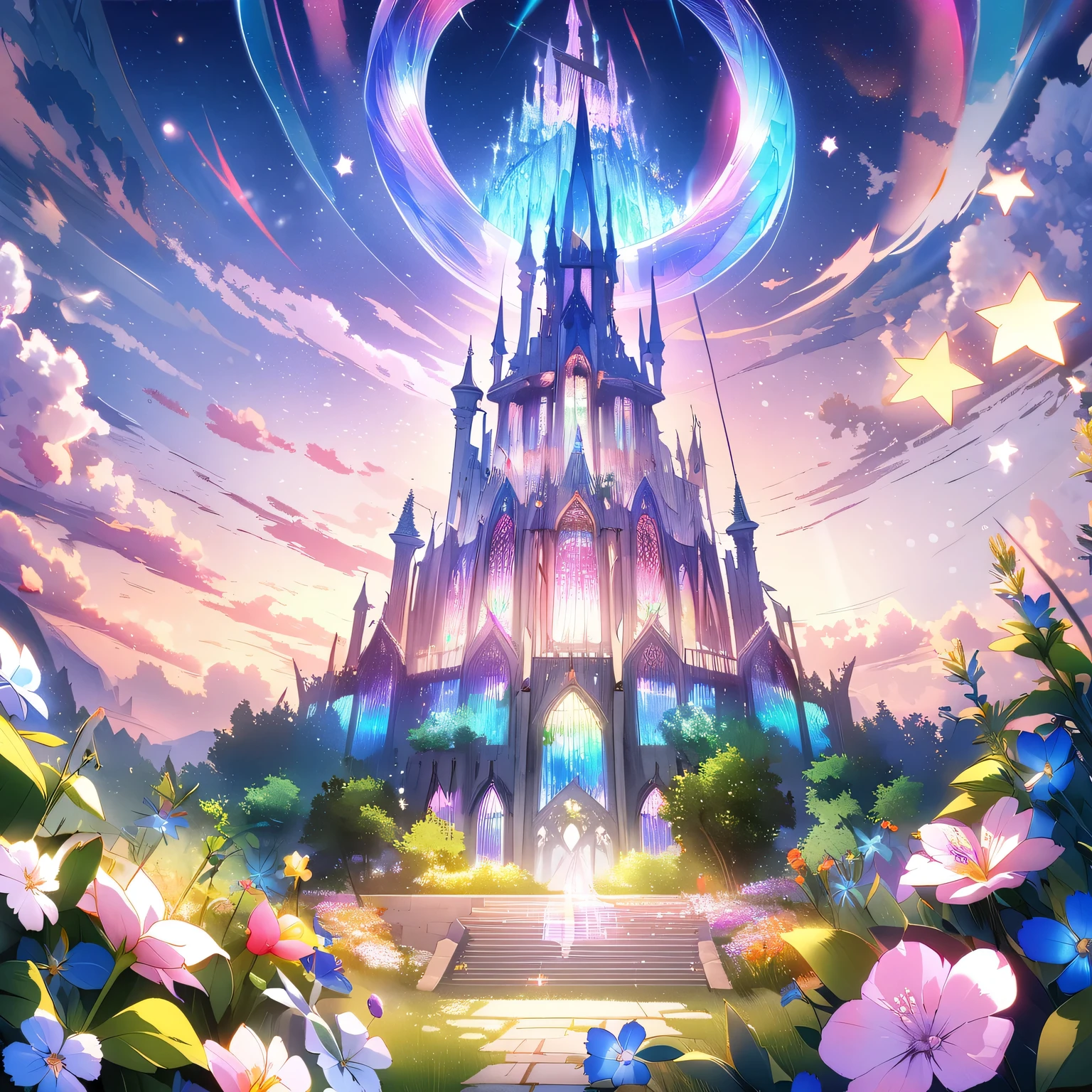 (Extremely detailed CG Unity 8K wallpaper), The most beautiful works of art in the world, Dreamy glass castle, Twinkle Stars,Soft moonlight,Extensive garden,iridescent flowers,Medieval fantasy,Multicolored Glass,Ethereal music,peaceful tranquility,Magic of Heaven,Whispering Wind,Charming charm,Imagine it,Awesome beauty,Seemingly infinite,Romantic Serenade