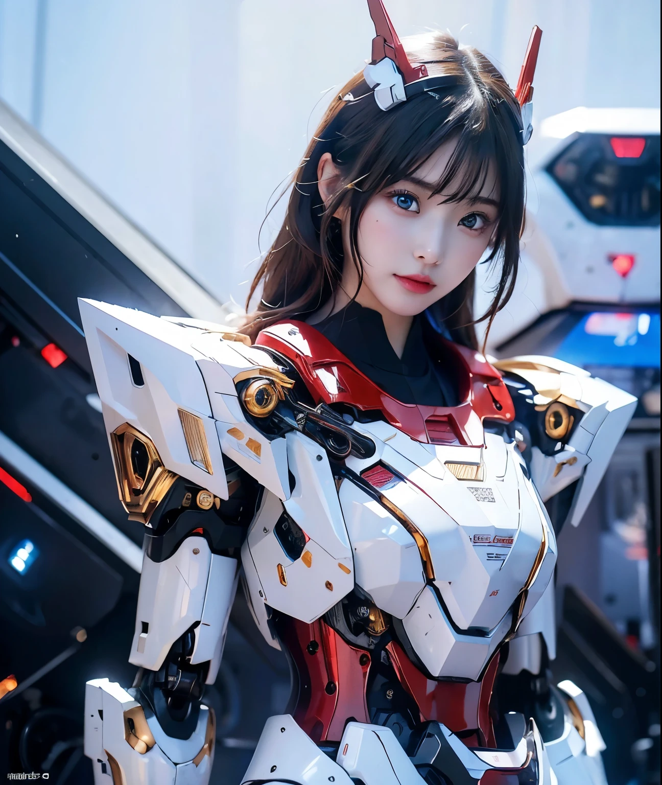 Textured skin, Super Detail, Attention to detail, high quality, 最high quality, High resolution, 1080p, hard disk, beautiful,(Gundam),beautifulサイボーグ女性,Mecha Cyborg Girl,Battle Mode,Girl with a mechanical body,She wears a futuristic Gundam mecha,Full Body Shot