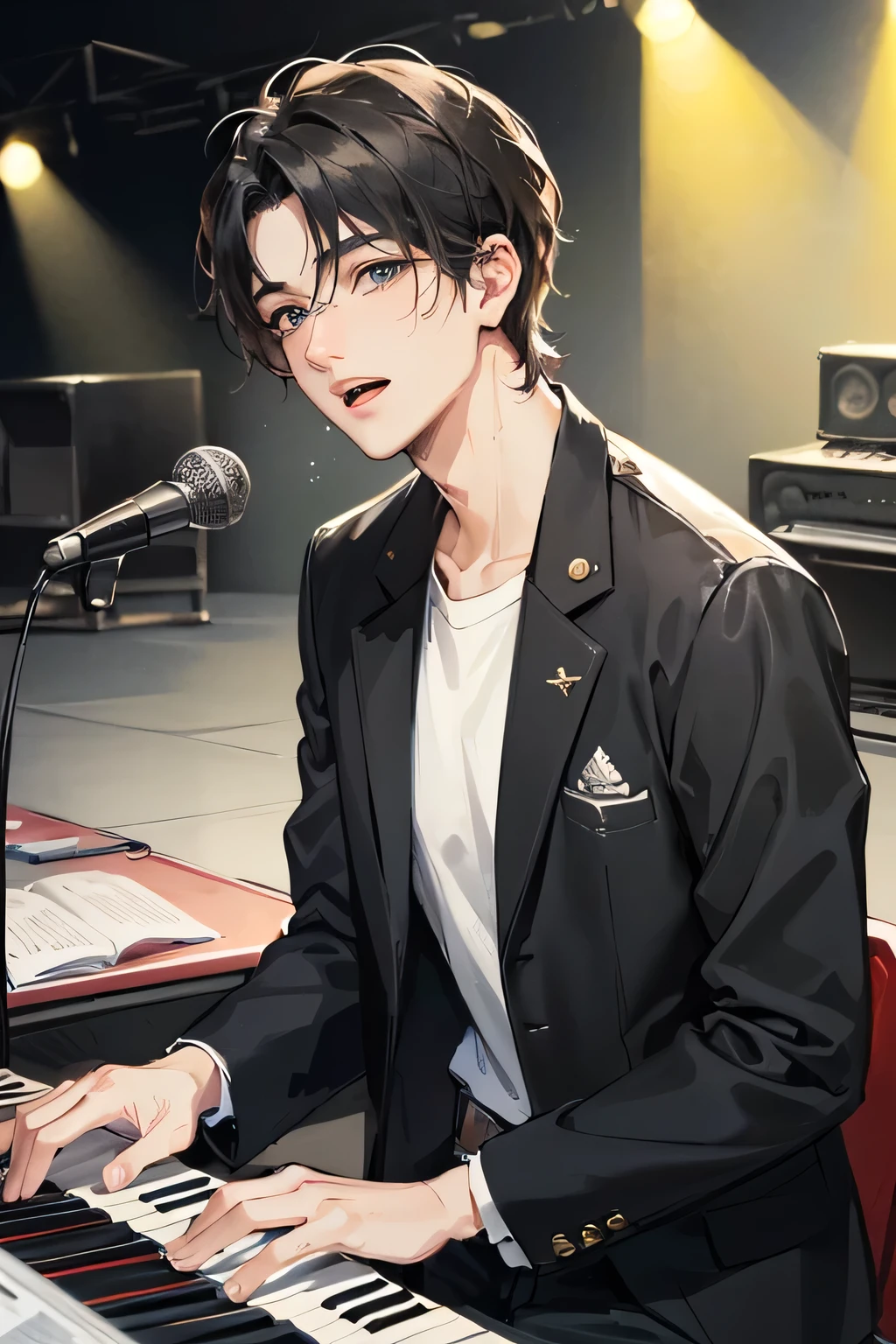 ((highest quality)), Perfect Face masterpiece highest quality Man playing keyboard rock band on stage Middle-aged men Black Hair Sporty short hair Kind Face Adult male