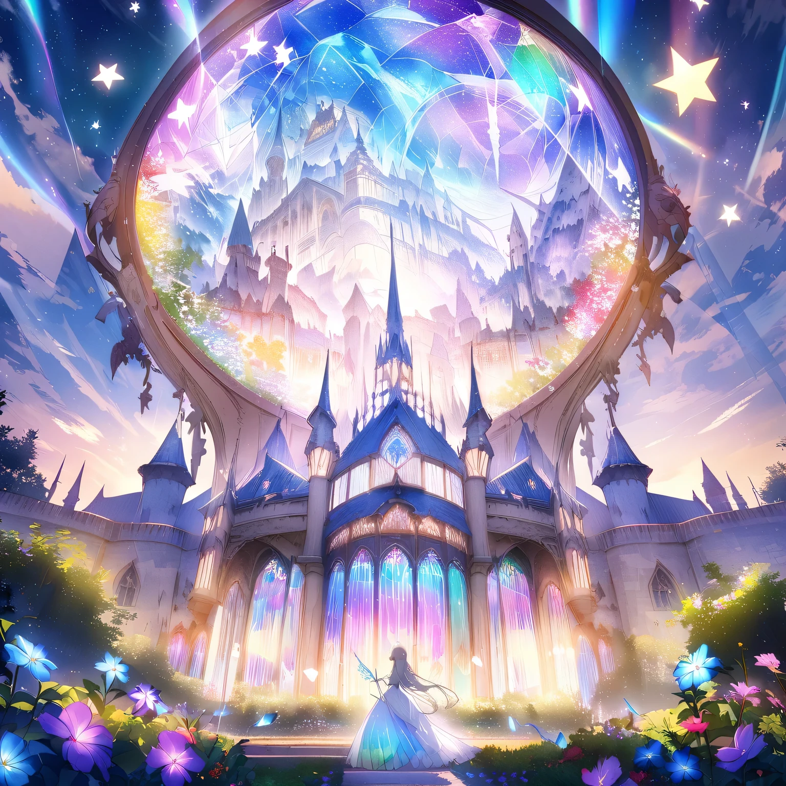 (Extremely detailed CG Unity 8K wallpaper), The most beautiful works of art in the world, Dreamy glass castle, Twinkle Stars,Soft moonlight,Extensive garden,iridescent flowers,Medieval fantasy,Multicolored Glass,Ethereal music,peaceful tranquility,Magic of Heaven,Whispering Wind,Charming charm,Imagine it,Awesome beauty,Seemingly infinite,Romantic Serenade