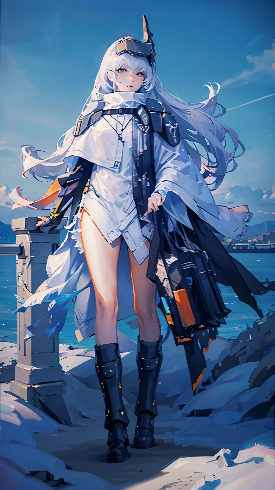 yellow eyes, white hair, long hair, headgear, mechanical boots, cloak, bare legs, single pauldron,Night, Aurora, starlight, moon, sea, sand, taking off boots, walking, full body, full body in the distance, background centered, from head to toe,hair reaching down to the ribs