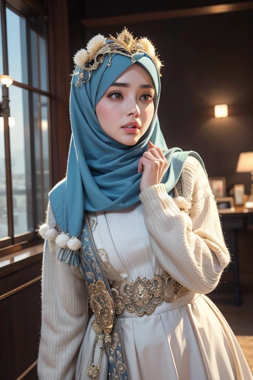 (RAW photo, best quality), POV, (realistic, photo-realistic:1.3), ((Sweaters Outfits)), HIJAB OUTFITS DRESS, best quality of Hijab Girl, Full Hijab Dress, highly detailed, masterpiece, ultra-detailed, illustration, 1girl, upper_body, dynamic angle, world masterpiece hijabi, extremely detailed CG unity 8k wallpaper, ink, Amazing, cinematic lighting, full body photo shot 
