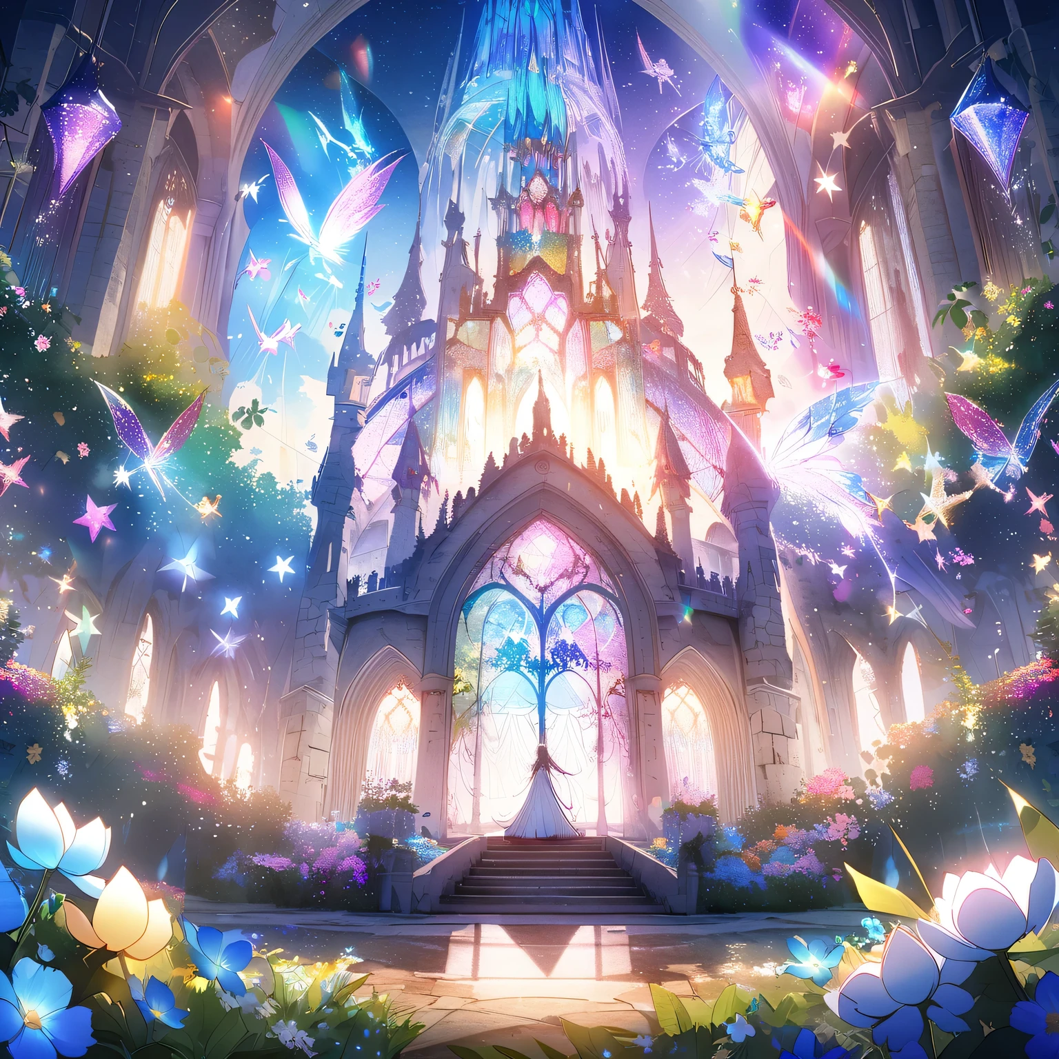 (Extremely detailed CG Unity 8K wallpaper), The most beautiful works of art in the world, Dreamy glass castle, Twinkle Stars,Soft moonlight,Extensive garden,iridescent flowers,Medieval fantasy,Multicolored Glass,Ethereal music,peaceful tranquility,Magic of Heaven,Whispering Wind,Charming charm,Imagine it,Awesome beauty,Seemingly infinite,Romantic Serenade