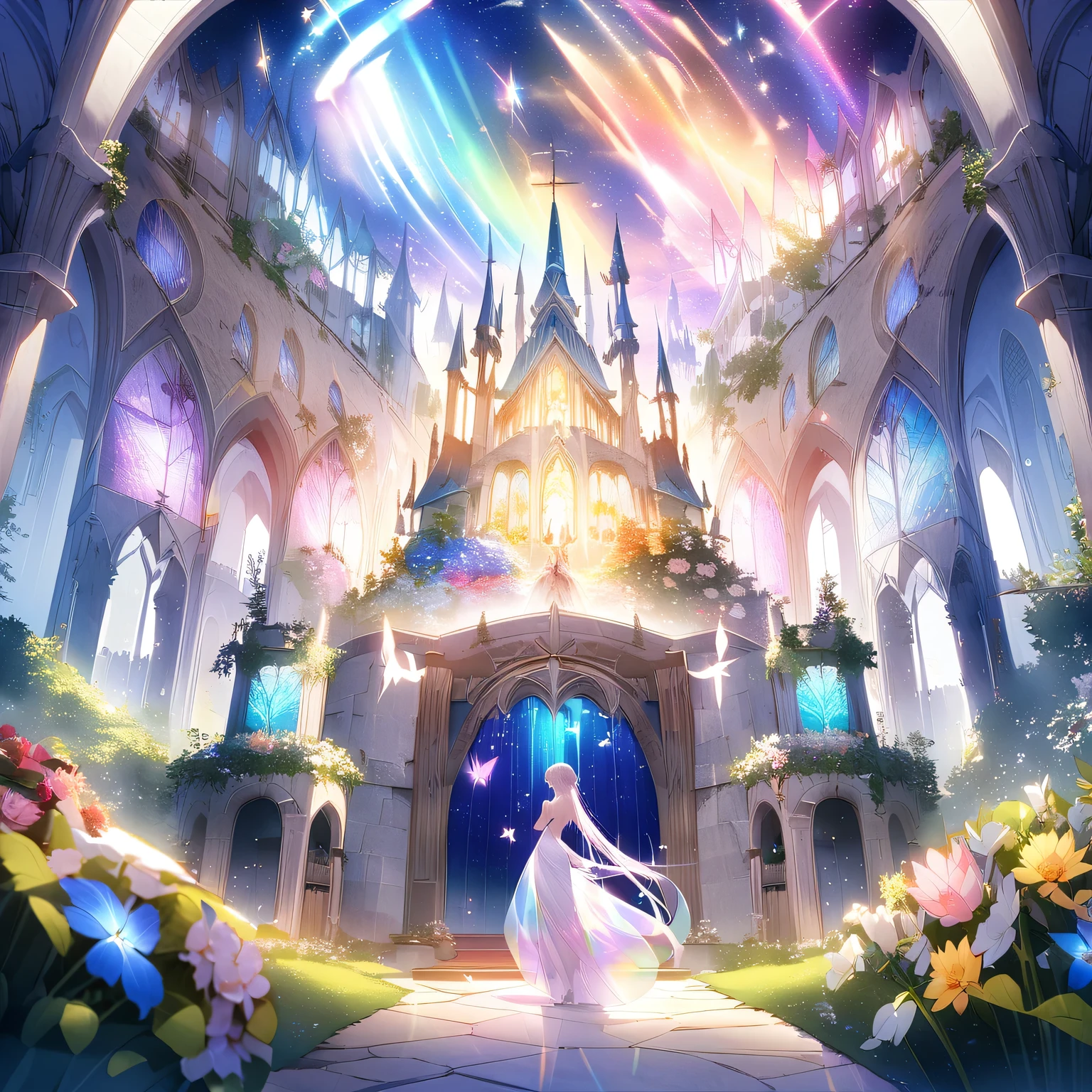 (Extremely detailed CG Unity 8K wallpaper), The most beautiful works of art in the world, Dreamy glass castle, Twinkle Stars,Soft moonlight,Extensive garden,iridescent flowers,Medieval fantasy,Multicolored Glass,Ethereal music,peaceful tranquility,Magic of Heaven,Whispering Wind,Charming charm,Imagine it,Awesome beauty,Seemingly infinite,Romantic Serenade